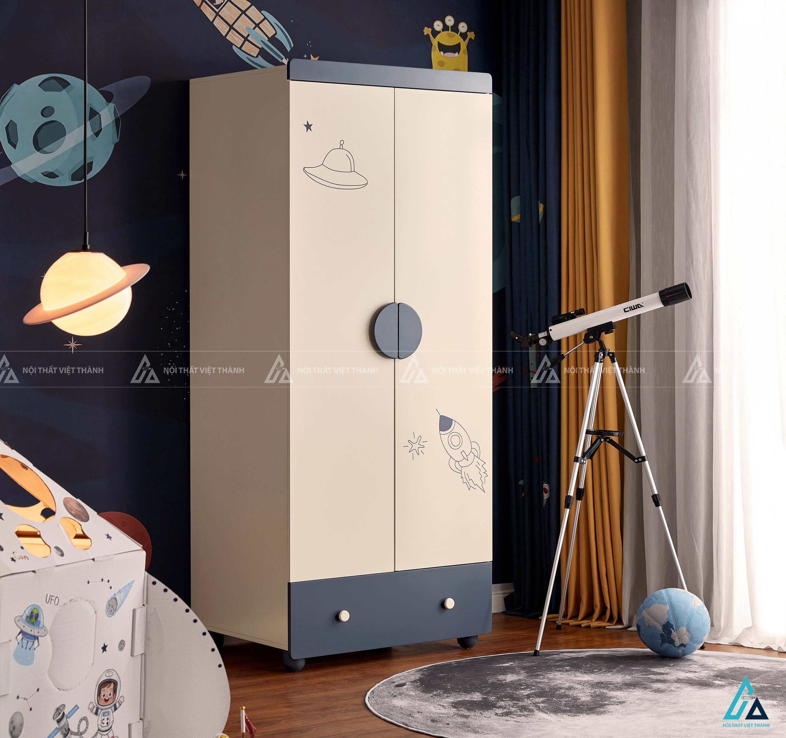Tủ Quần Áo Trẻ Em Họa Tiết Tên Lửa Vũ Trụ Màu Xanh Hiện Đại Có Ngăn Kéo Tiện Lợi