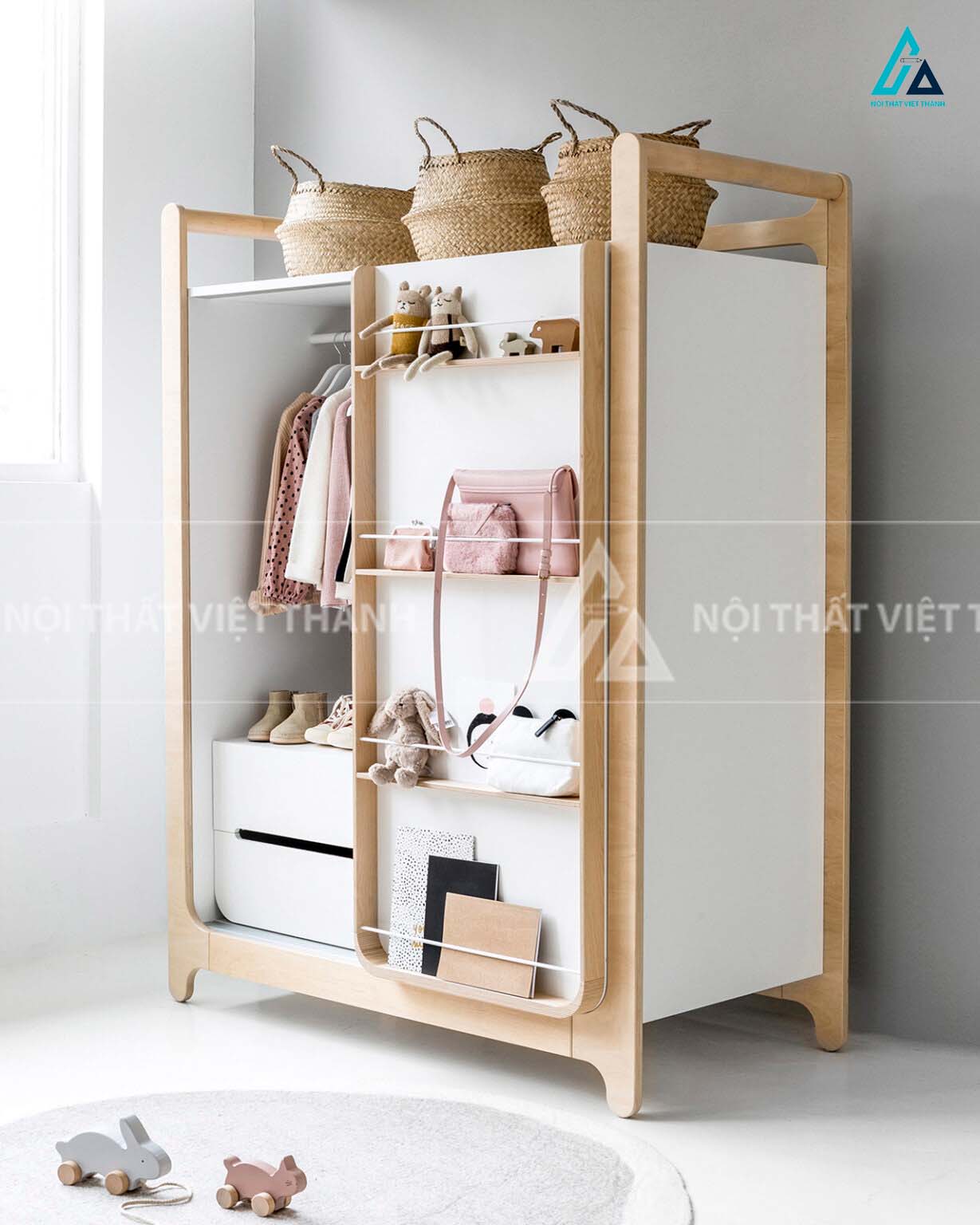 Tủ Quần Áo Trẻ Em Cánh Lùa Thiết Kế Kệ Mặt Ngoài Và Ngăn Kéo Tiện Dụng