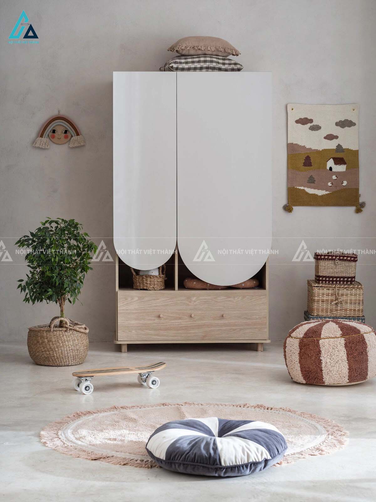 Tủ Quần Áo Trẻ Em Thiết Kế Cửa Bo Tròn Độc Đáo Với Ngăn Treo Rộng Và Ngăn Kéo Toàn Phần