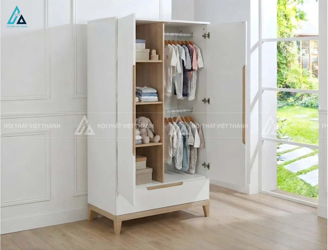 Tủ Quần Áo Trẻ Em Màu Trắng Hiện Đại Thiết Kế Tay Cầm Âm Gỗ Tinh Tế Có Ngăn Kéo