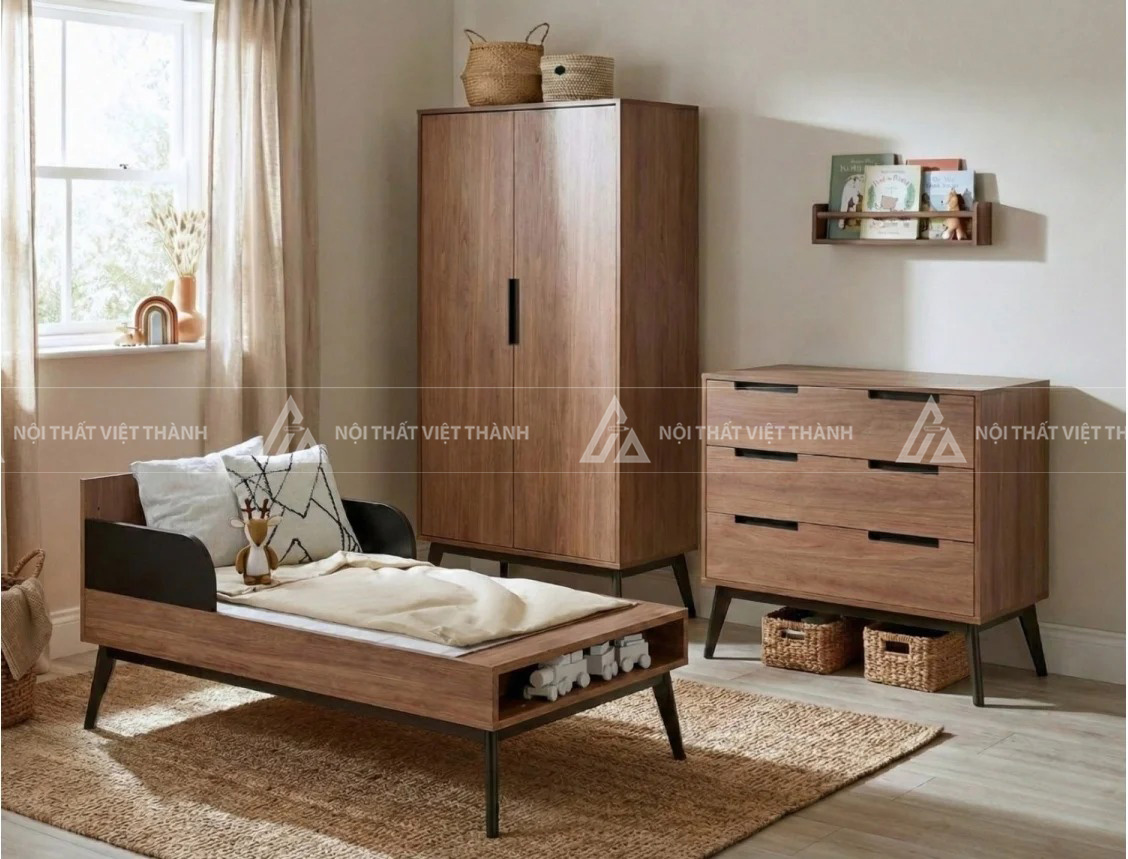 Tủ Quần Áo Trẻ Em Gỗ Sồi Màu Trầm Thiết Kế Chân Cao Thanh Lịch Phong Cách Hiện Đại 3