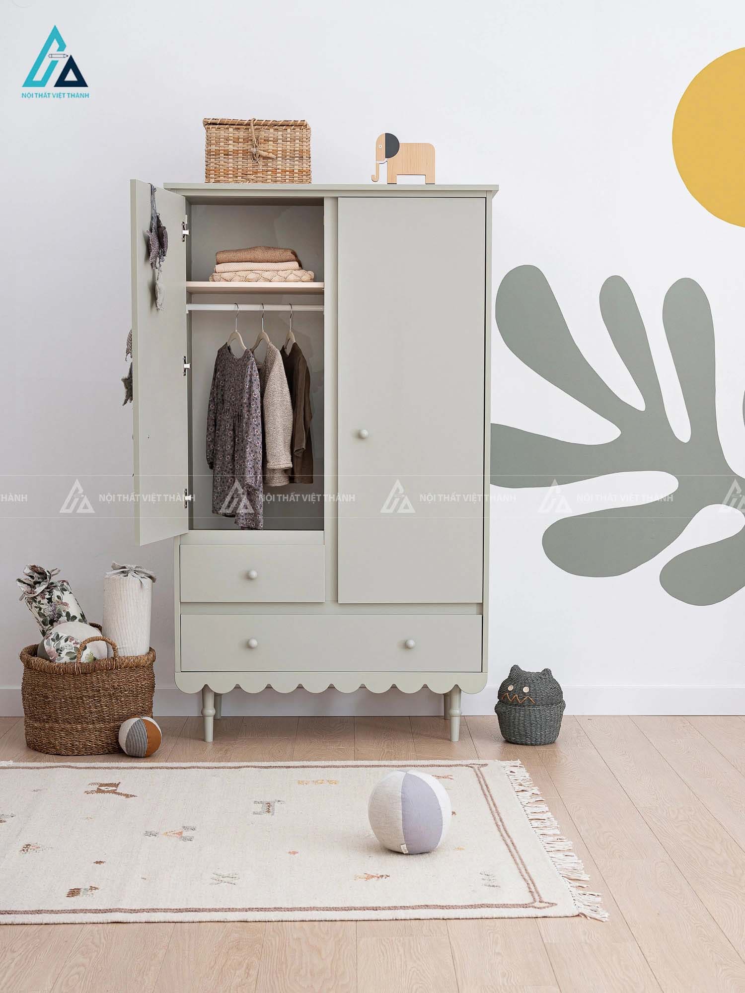 Tủ Quần Áo Trẻ Em Phong Cách Vintage Thiết Kế Chân Tiện Và Viền Sóng Kết Hợp Ngăn Kéo Tiện Lợi