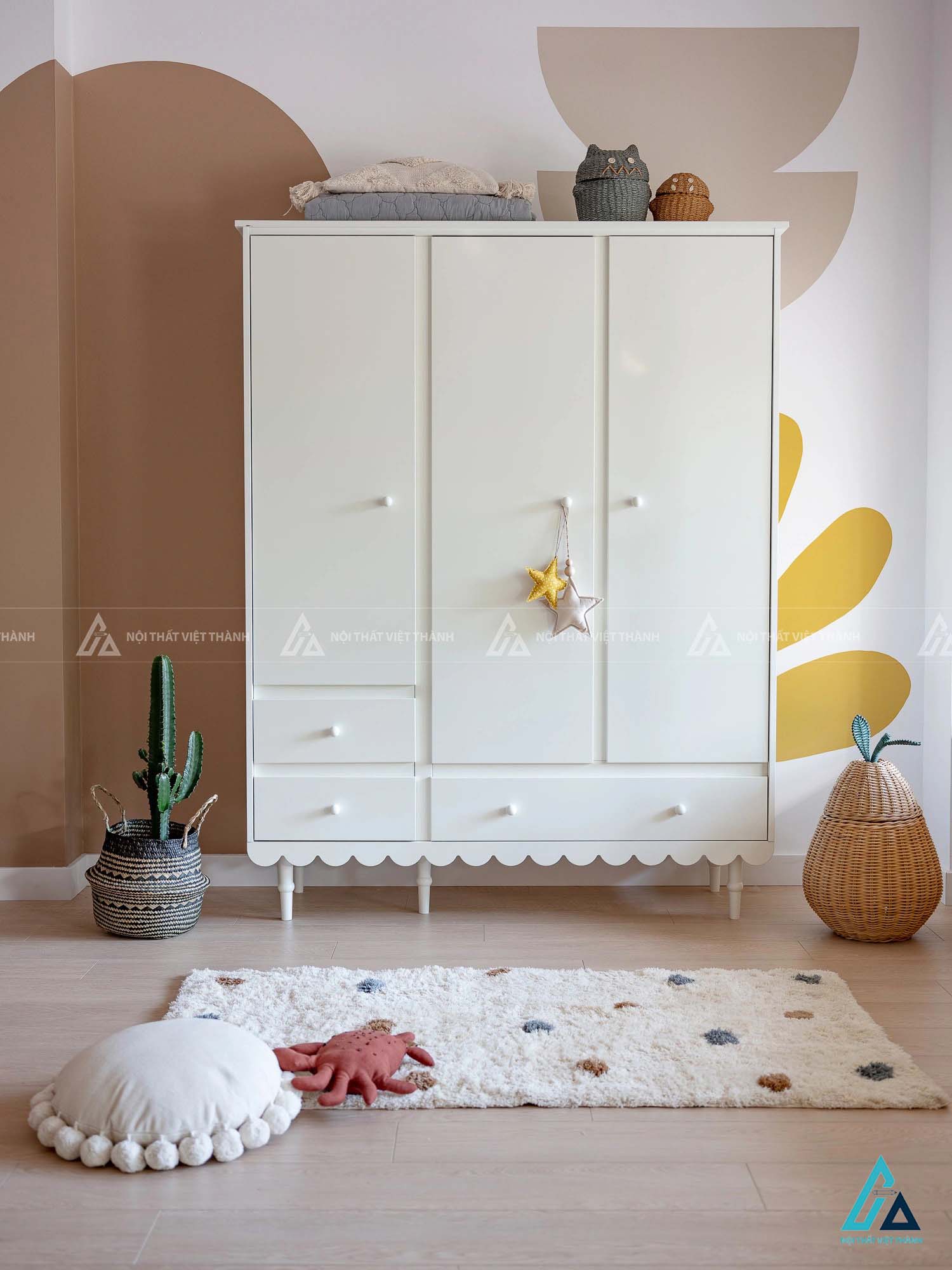 Tủ Quần Áo Trẻ Em 3 Cánh Thiết Kế Viền Sóng Kết Hợp Hệ Ngăn Kéo Và Kệ Chia Đa Năng 1