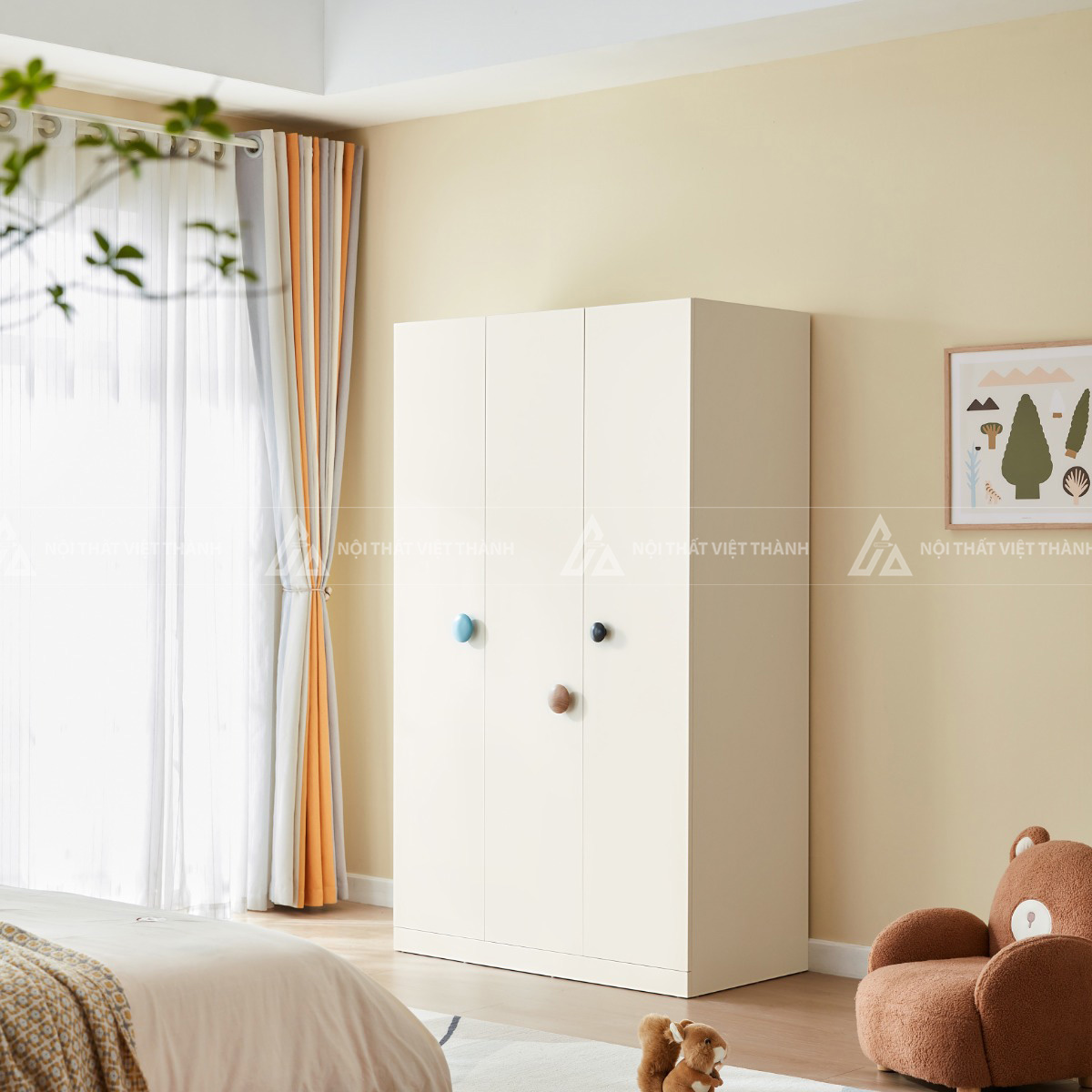 Tủ Quần Áo Trẻ Em 3 Cánh Hiện Đại Màu Kem Phối Núm Tay Cầm Tròn Đa Sắc Độc Đáo 4