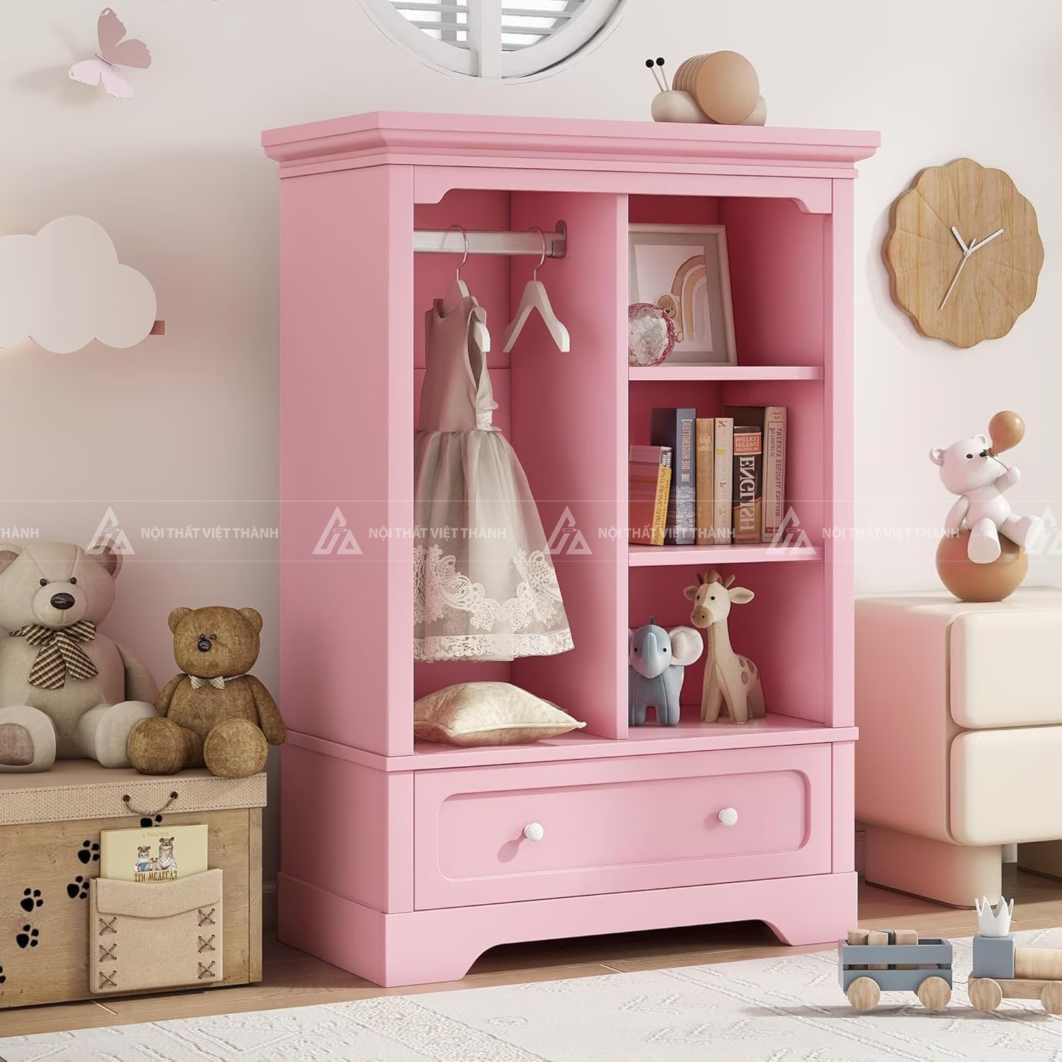Tủ Quần Áo Bé Gái Màu Hồng Thiết Kế Tân Cổ Điển Kết Hợp Kệ Sách Và Ngăn Kéo Tiện Dụng 4