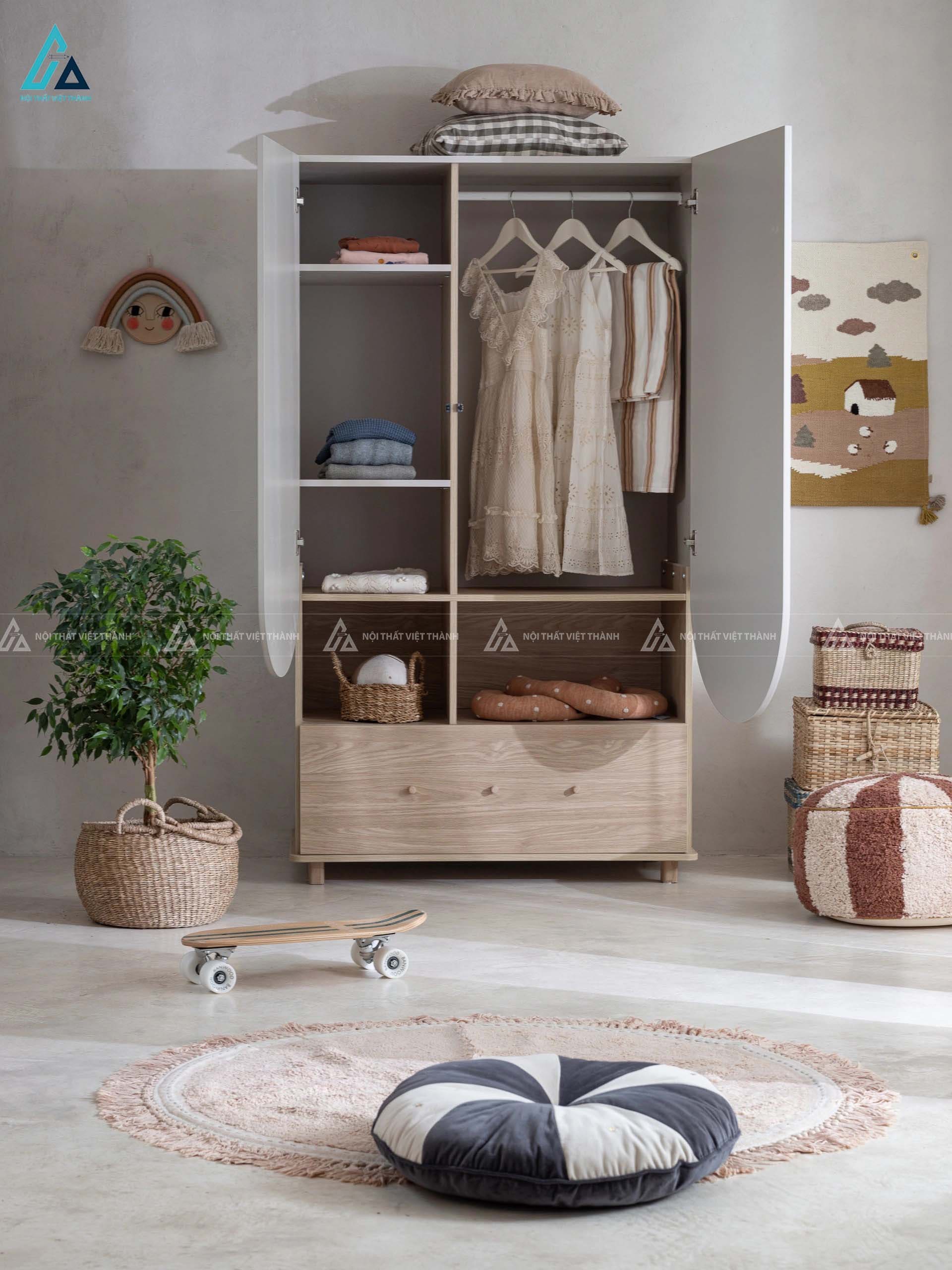 Tủ Quần Áo Trẻ Em Thiết Kế Cửa Bo Tròn Độc Đáo Với Ngăn Treo Rộng Và Ngăn Kéo Toàn Phần 1