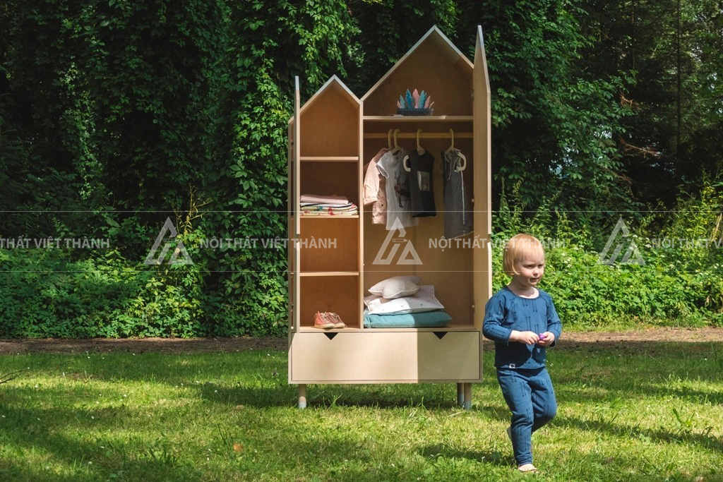 Tủ Quần Áo Trẻ Em Hình Ngôi Nhà Thiết Kế Mái Đôi Sáng Tạo Với Hệ Ngăn Kéo Và Kệ Chia Tầng Tiện Lợi 4