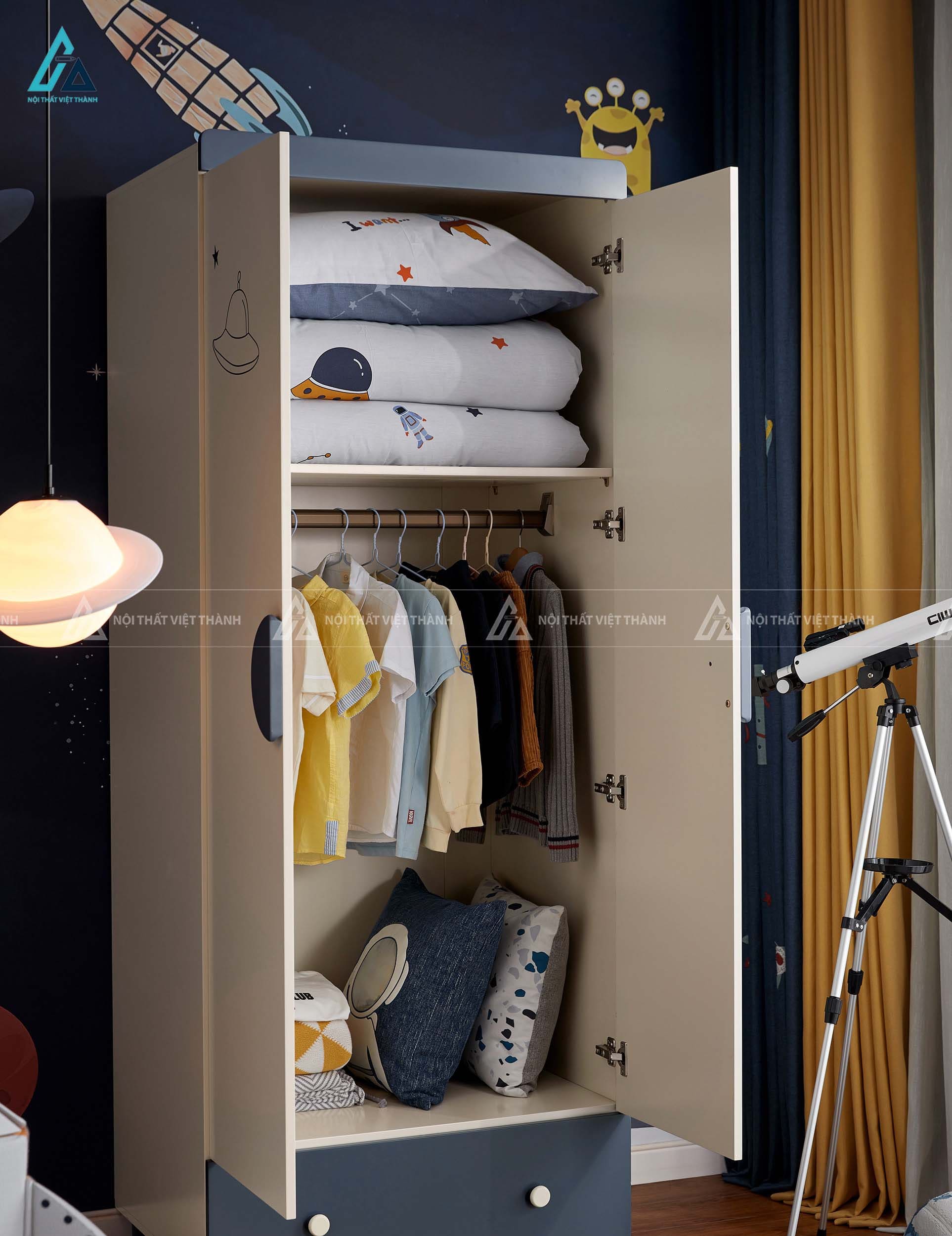 Tủ Quần Áo Trẻ Em Họa Tiết Tên Lửa Vũ Trụ Màu Xanh Hiện Đại Có Ngăn Kéo Tiện Lợi 1