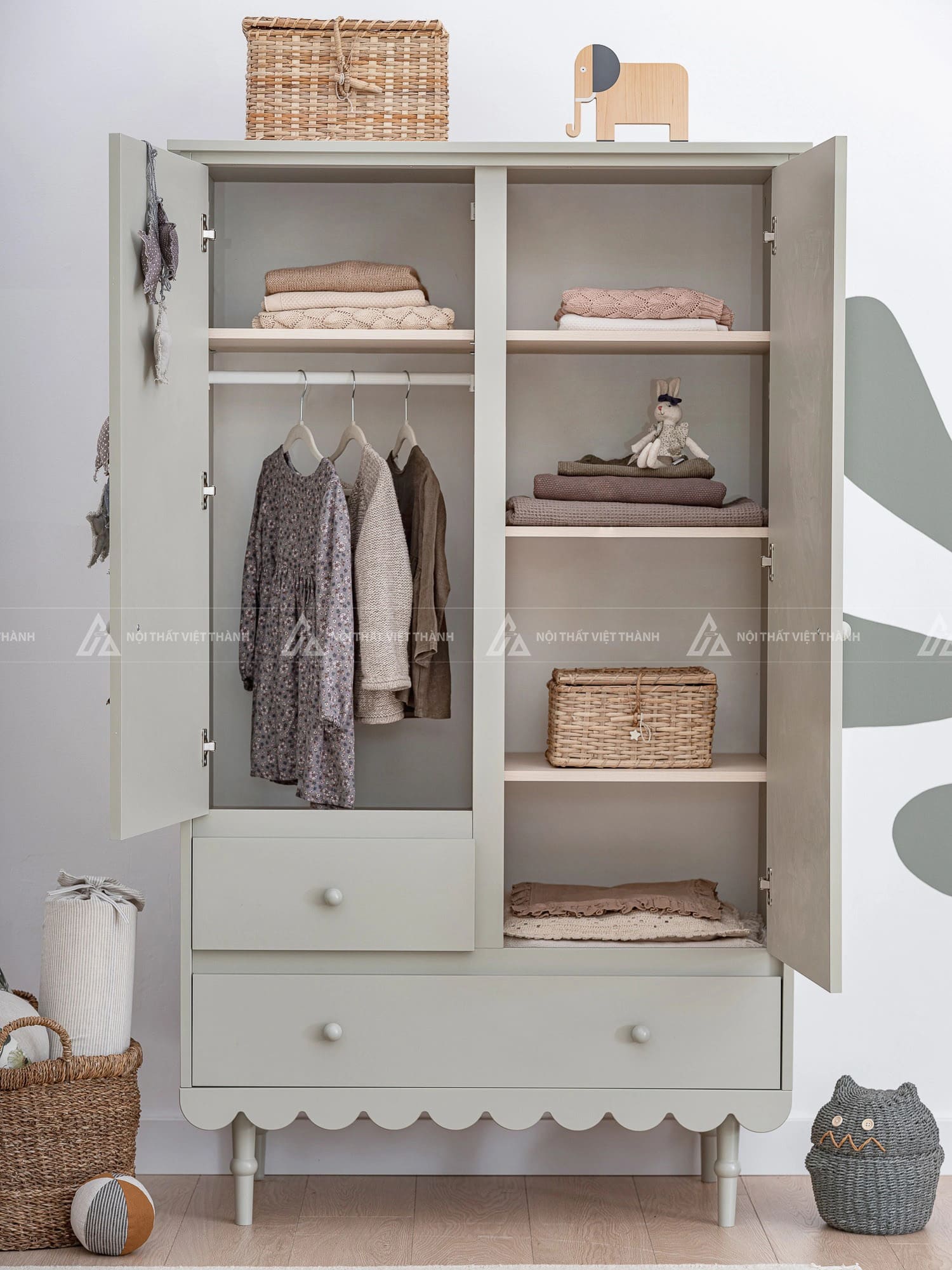 Tủ Quần Áo Trẻ Em Phong Cách Vintage Thiết Kế Chân Tiện Và Viền Sóng Kết Hợp Ngăn Kéo Tiện Lợi 4