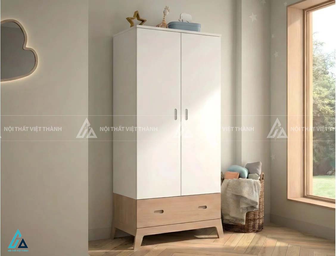 Tủ Quần Áo Trẻ Em Màu Trắng Phối Ngăn Kéo Hiện Đại Thiết Kế Tay Cầm Âm An Toàn
