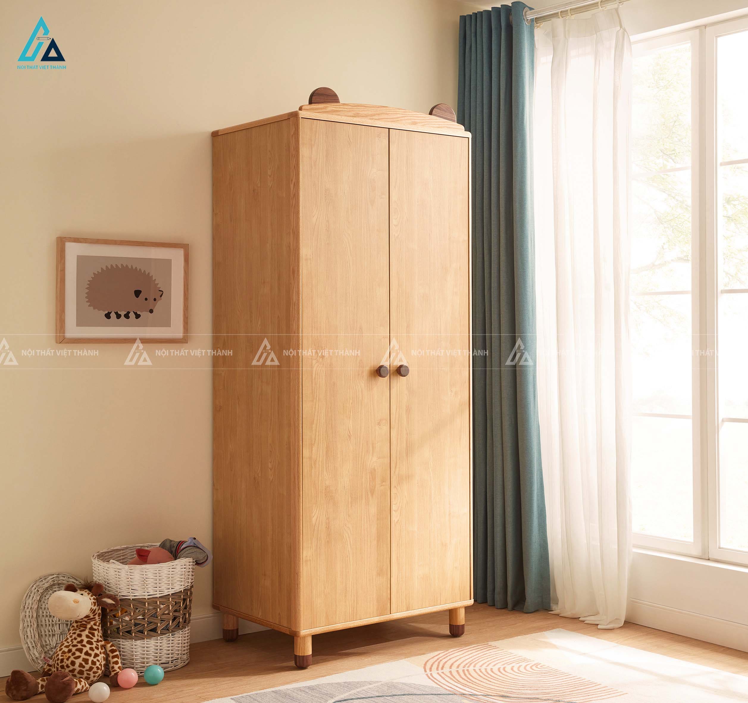Tủ Quần Áo Trẻ Em Gỗ Sồi Tự Nhiên Thiết Kế Tai Gấu Ngộ Nghĩnh Cho Bé Trai Và Bé Gái