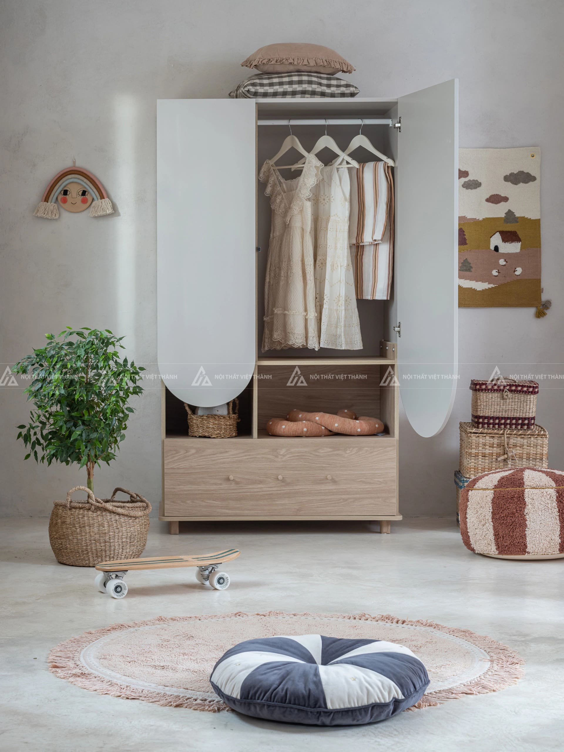 Tủ Quần Áo Trẻ Em Thiết Kế Cửa Bo Tròn Độc Đáo Với Ngăn Treo Rộng Và Ngăn Kéo Toàn Phần 4