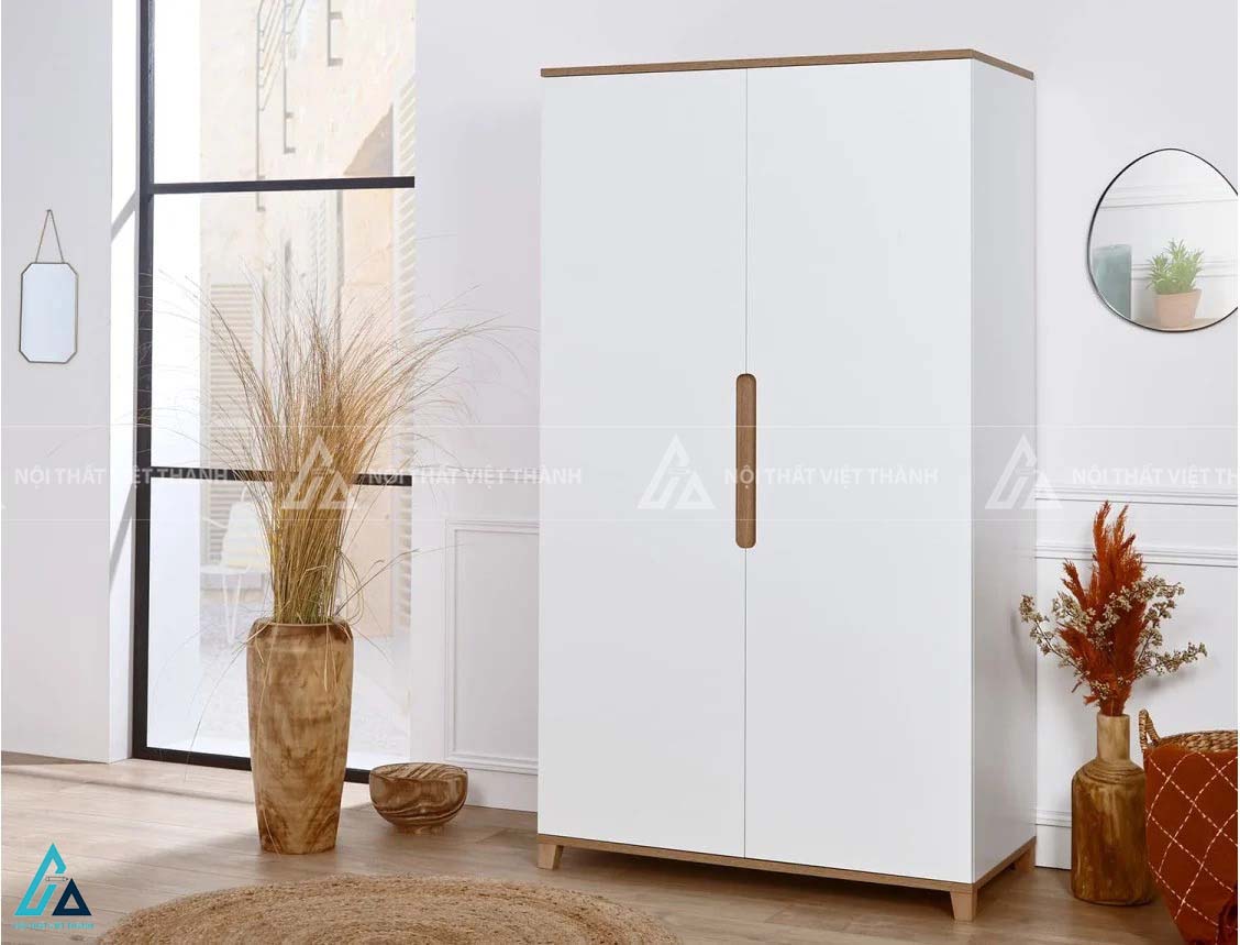 Tủ Quần Áo Trẻ Em Màu Trắng Phong Cách Tối Giản Thiết Kế Tay Cầm Gỗ Dài Độc Đáo