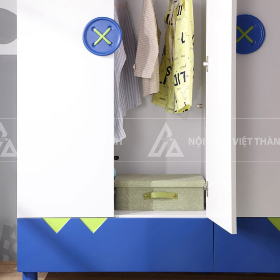 Tủ Quần Áo Trẻ Em 3 Cánh Hiện Đại Phối Màu Xanh Trắng Với Khoang Treo Rộng Và Ngăn Kéo Họa Tiết Sáng Tạo 5
