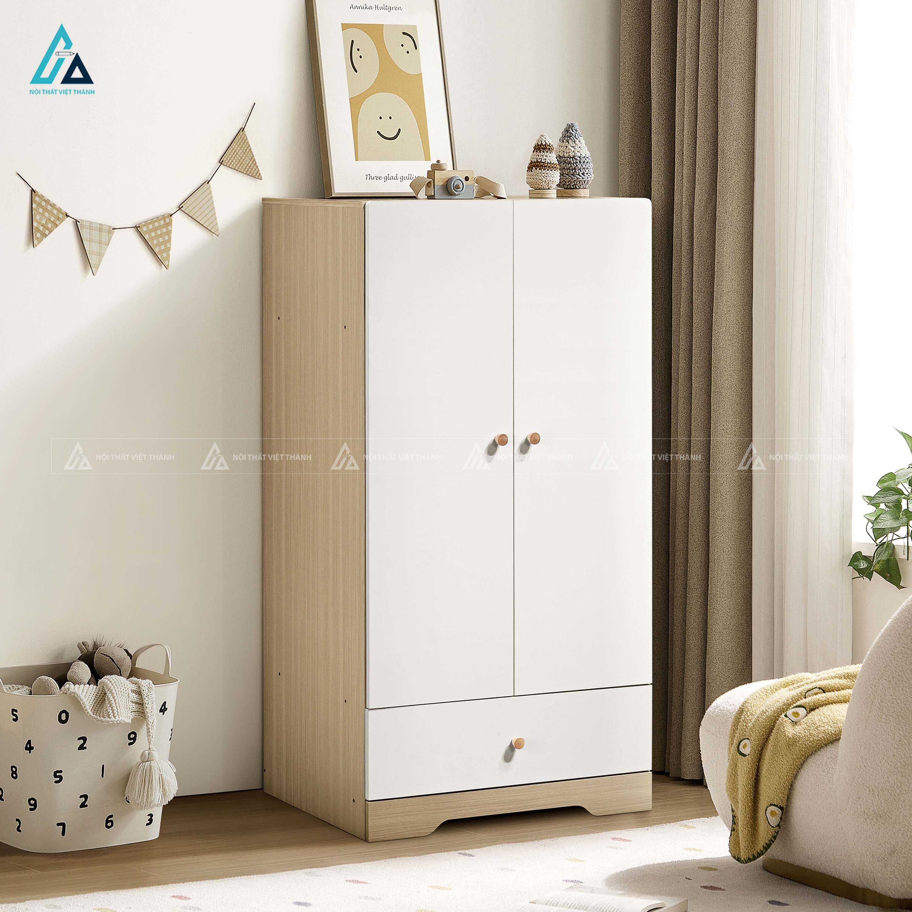 Tủ Quần Áo Trẻ Em Tích Hợp Kệ Trang Trí Và Ngăn Kéo Phối Trắng Hiện Đại