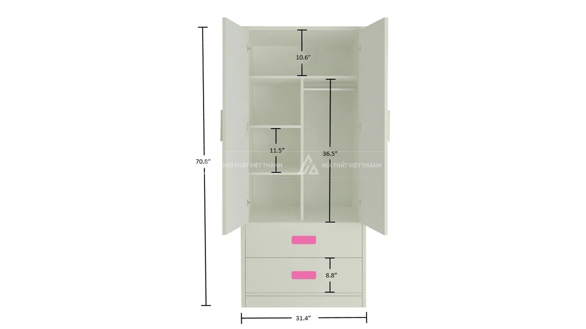 Tủ Quần Áo Trẻ Em Thiết Kế 2 Cánh Và 2 Ngăn Kéo Tay Nắm Cách Điệu 5