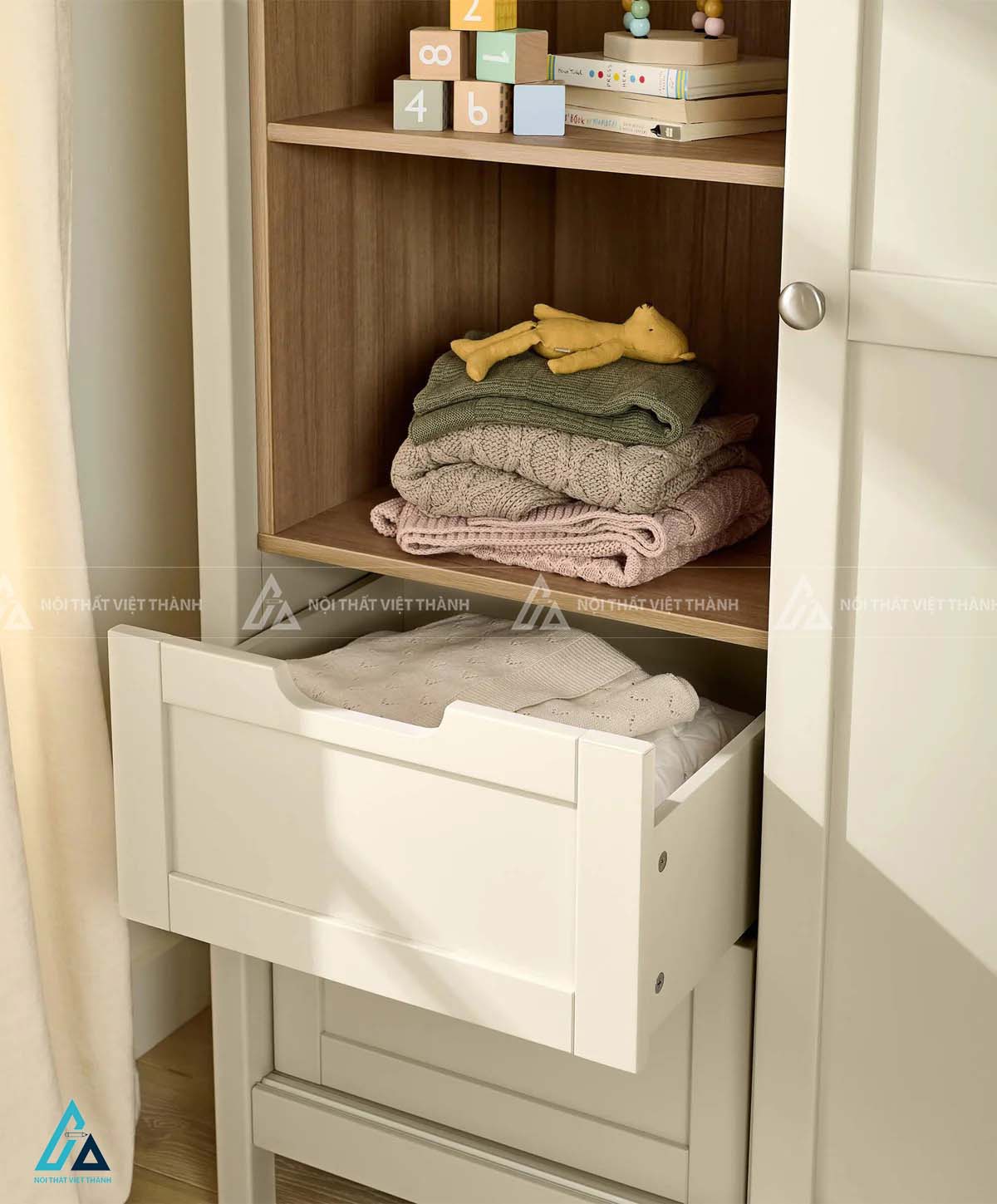Tủ Quần Áo Trẻ Em Phong Cách Bắc Âu Kết Hợp Kệ Trang Trí Và Ngăn Kéo Tiện Dụng 1