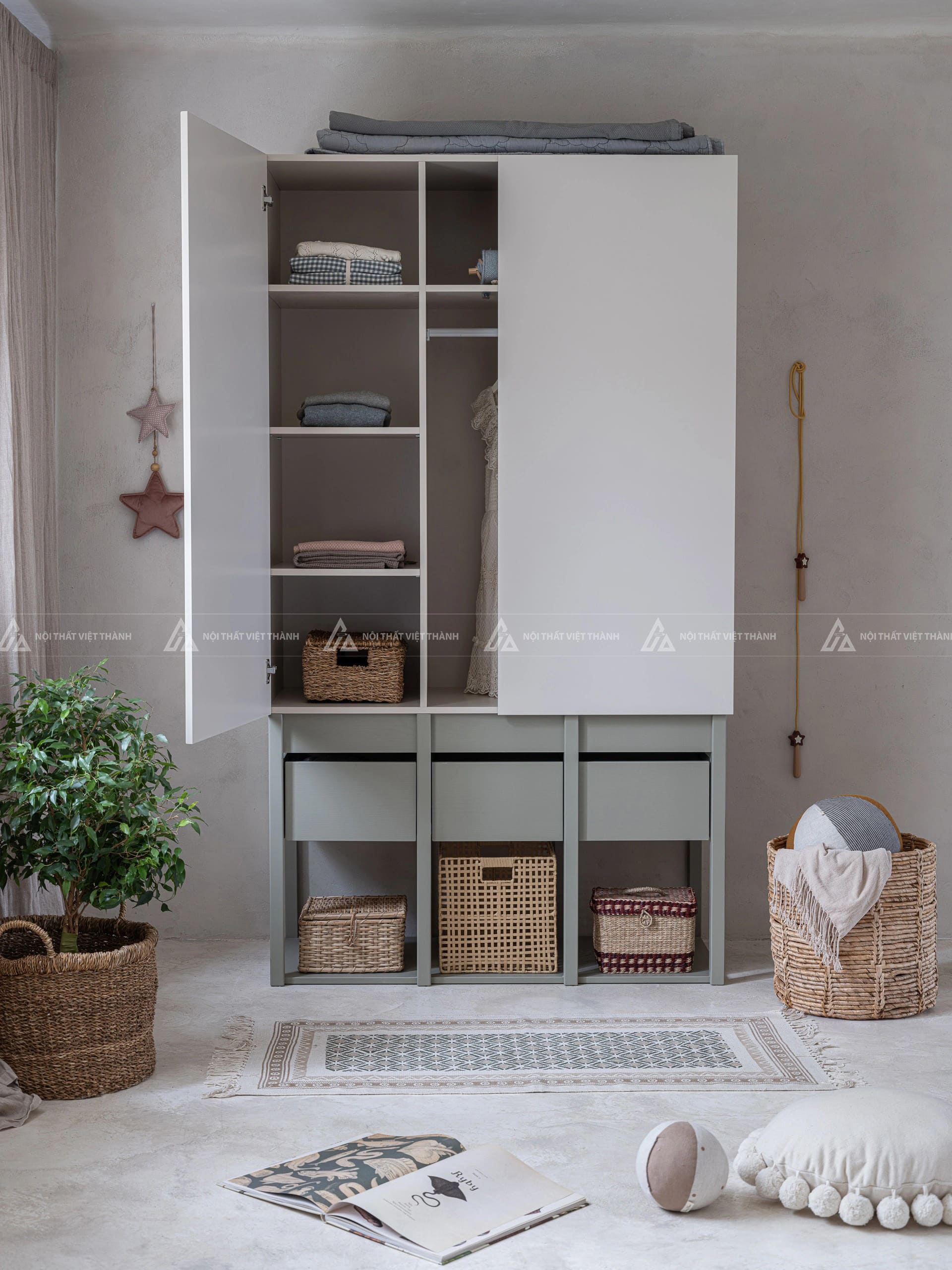 Tủ Quần Áo Trẻ Em Thiết Kế Hiện Đại Kết Hợp Ngăn Kéo Và Kệ Mở Đa Năng Tối Ưu Không Gian 2
