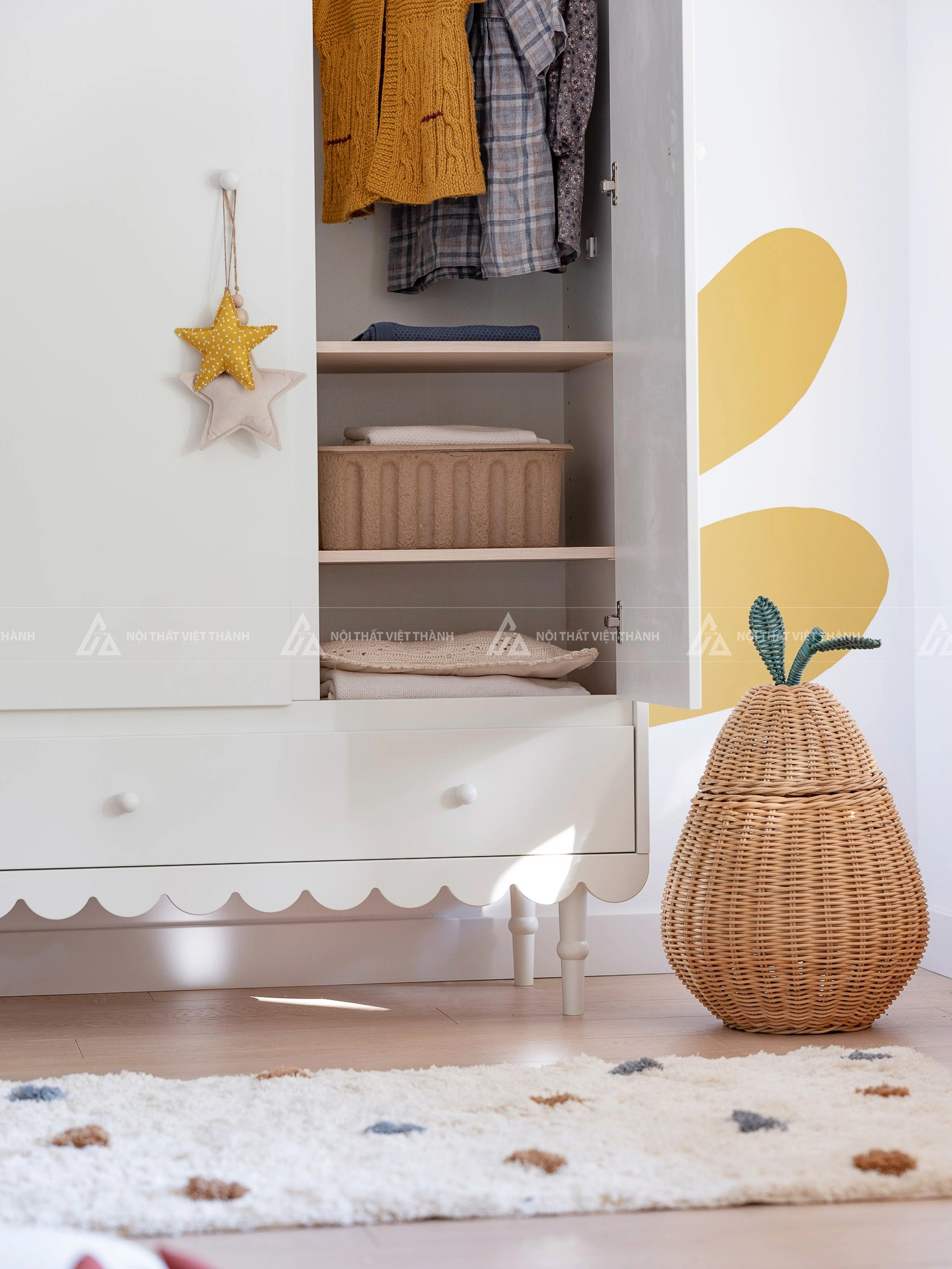 Tủ Quần Áo Trẻ Em 3 Cánh Thiết Kế Viền Sóng Kết Hợp Hệ Ngăn Kéo Và Kệ Chia Đa Năng 5