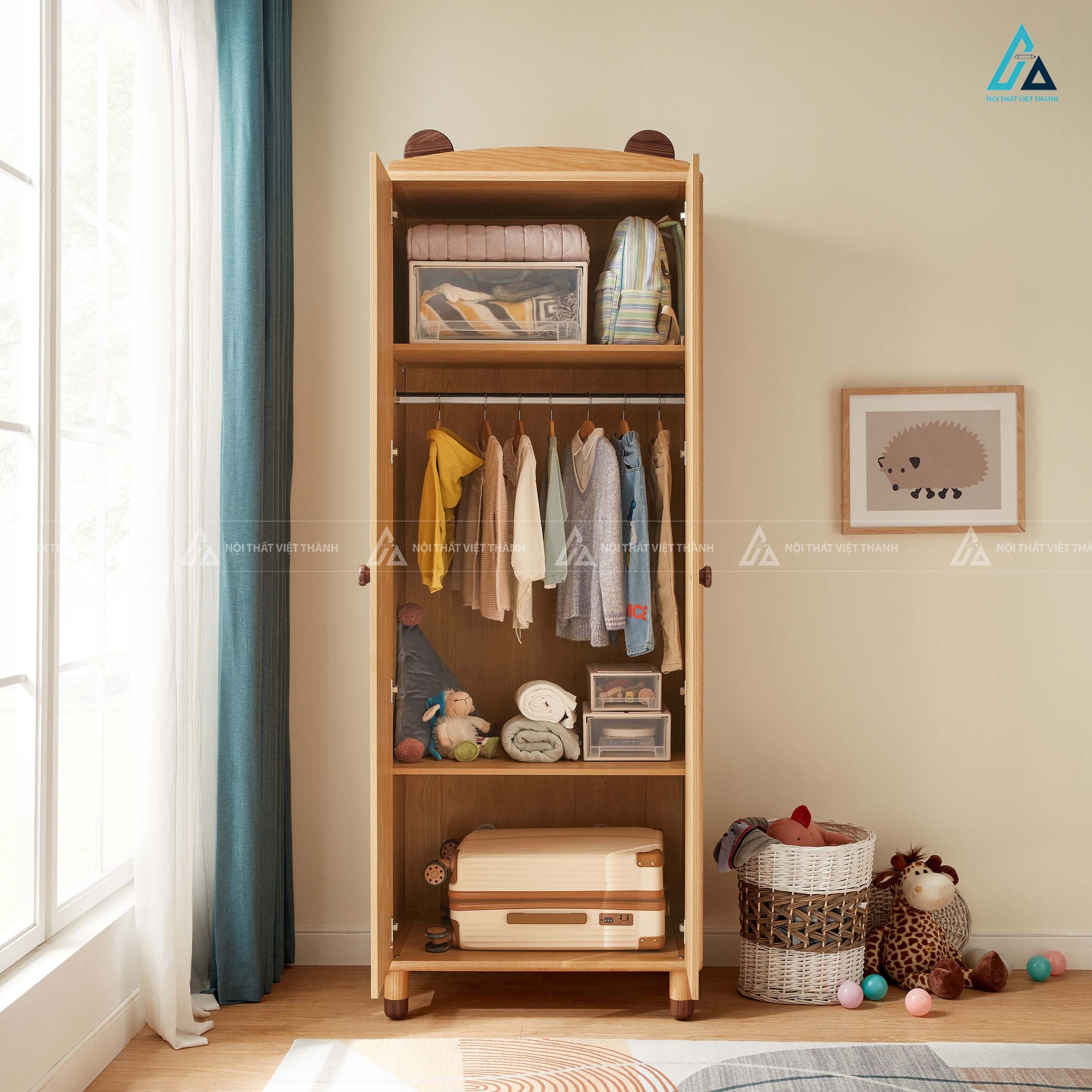 Tủ Quần Áo Trẻ Em Gỗ Sồi Tự Nhiên Thiết Kế Tai Gấu Ngộ Nghĩnh Cho Bé Trai Và Bé Gái 1