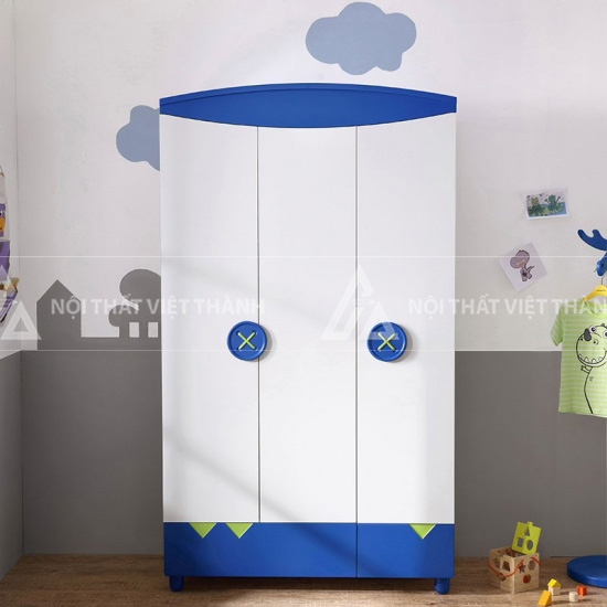 Tủ Quần Áo Trẻ Em 3 Cánh Hiện Đại Phối Màu Xanh Trắng Với Khoang Treo Rộng Và Ngăn Kéo Họa Tiết Sáng Tạo 6