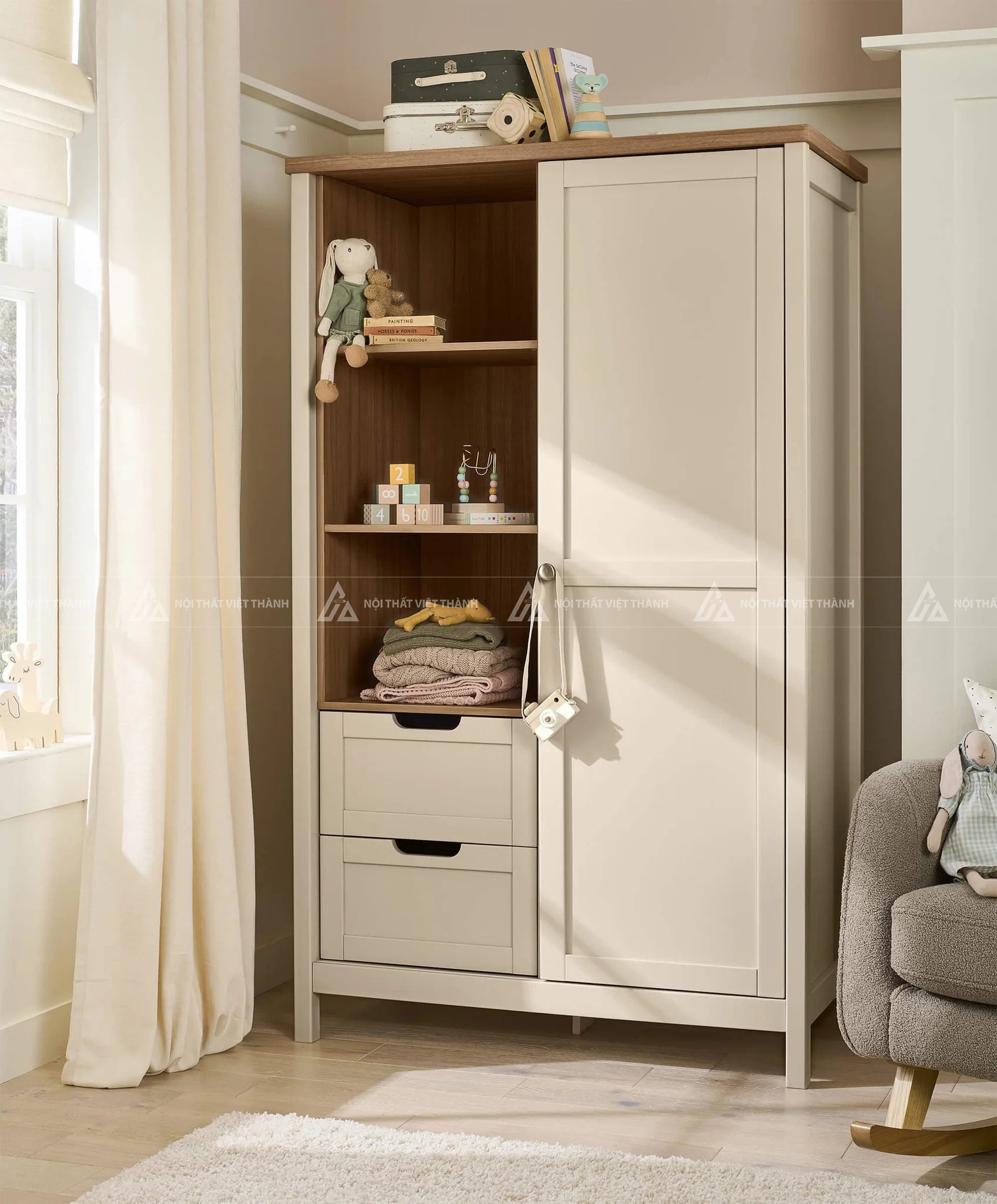 Tủ Quần Áo Trẻ Em Phong Cách Bắc Âu Kết Hợp Kệ Trang Trí Và Ngăn Kéo Tiện Dụng 6