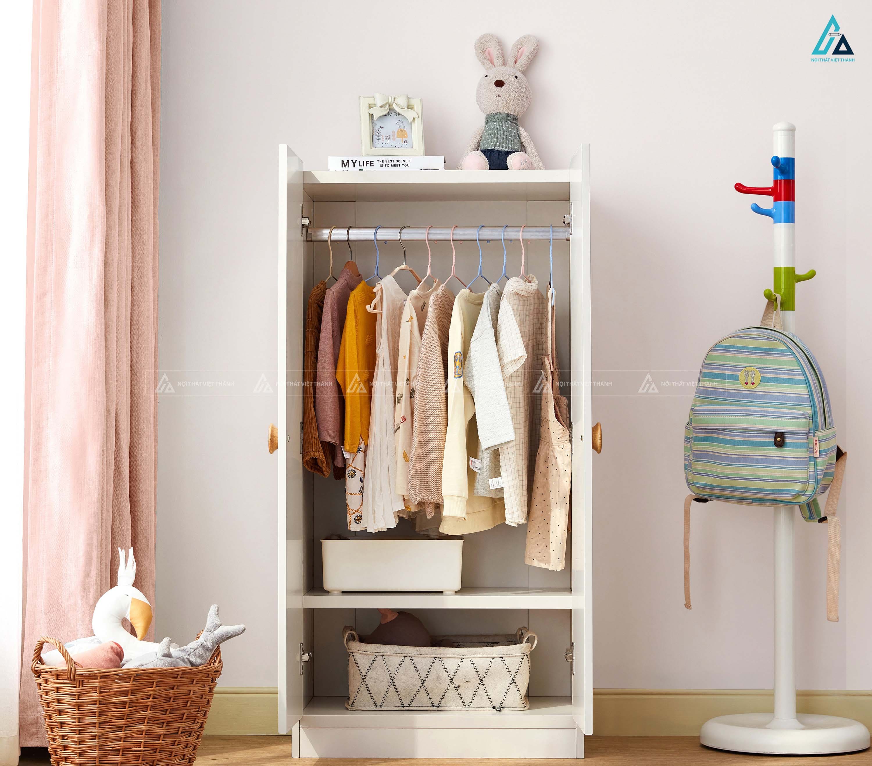 Tủ Quần Áo Trẻ Em Hai Cánh Tối Giản Thiết Kế Bo Góc Và Tay Nắm Gỗ Tròn Sang Trọng 1
