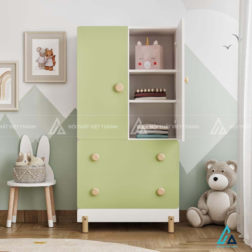 Tủ Quần Áo Trẻ Em Màu Xanh Cốm Hiện Đại Tích Hợp Kệ Hở Đa Năng Và Ngăn Kéo Rộng Rãi 1