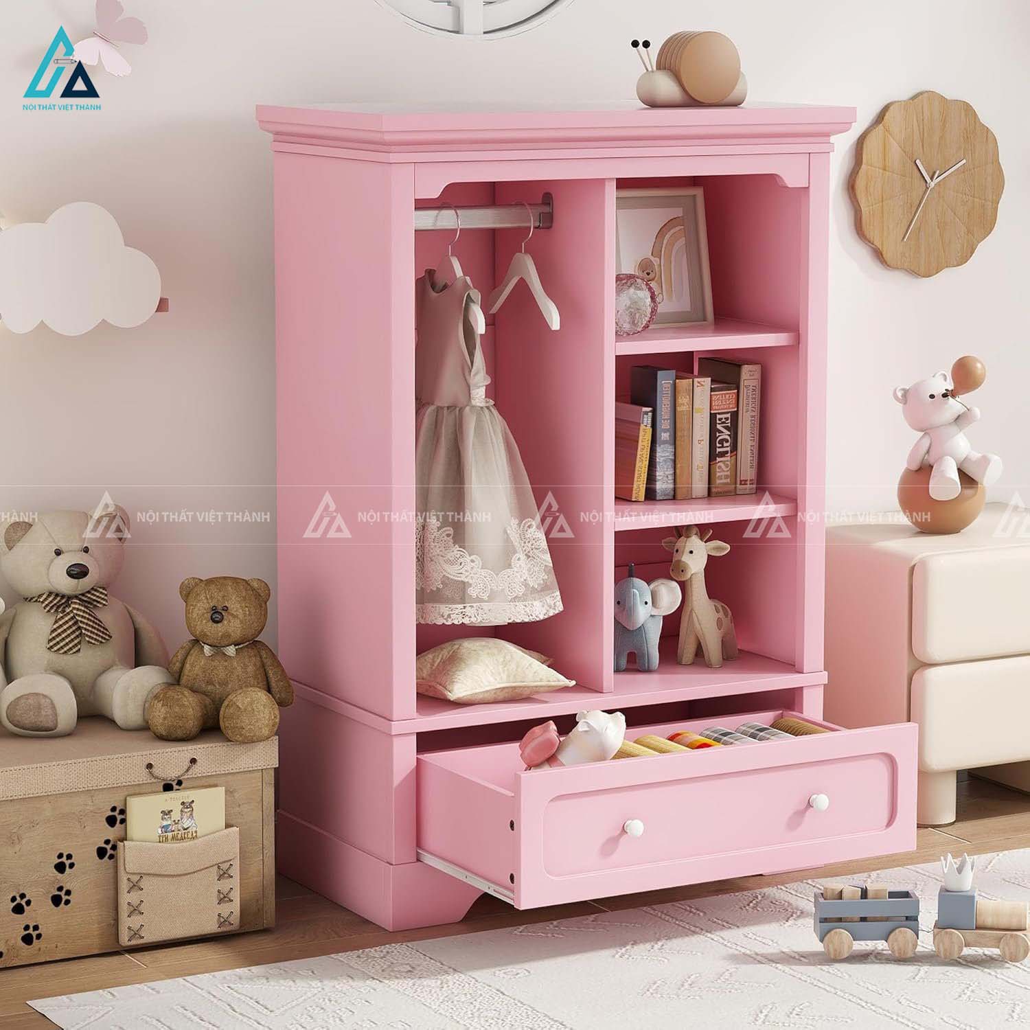 Tủ Quần Áo Bé Gái Màu Hồng Thiết Kế Tân Cổ Điển Kết Hợp Kệ Sách Và Ngăn Kéo Tiện Dụng
