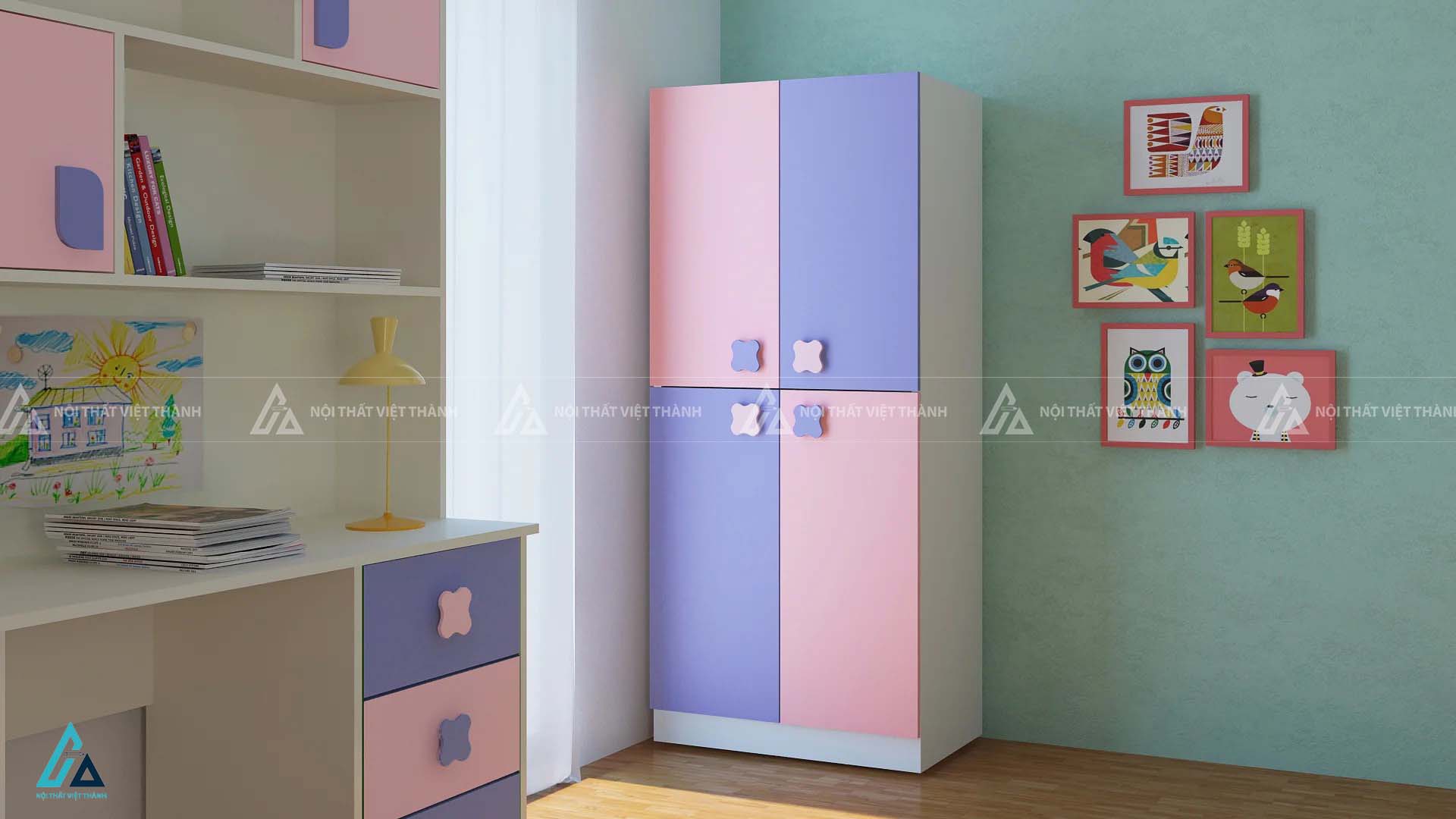 Tủ Quần Áo Trẻ Em 4 Cánh Phối Màu Hồng Tím Sáng Tạo Với Tay Nắm Hình Hoa Xinh Xắn