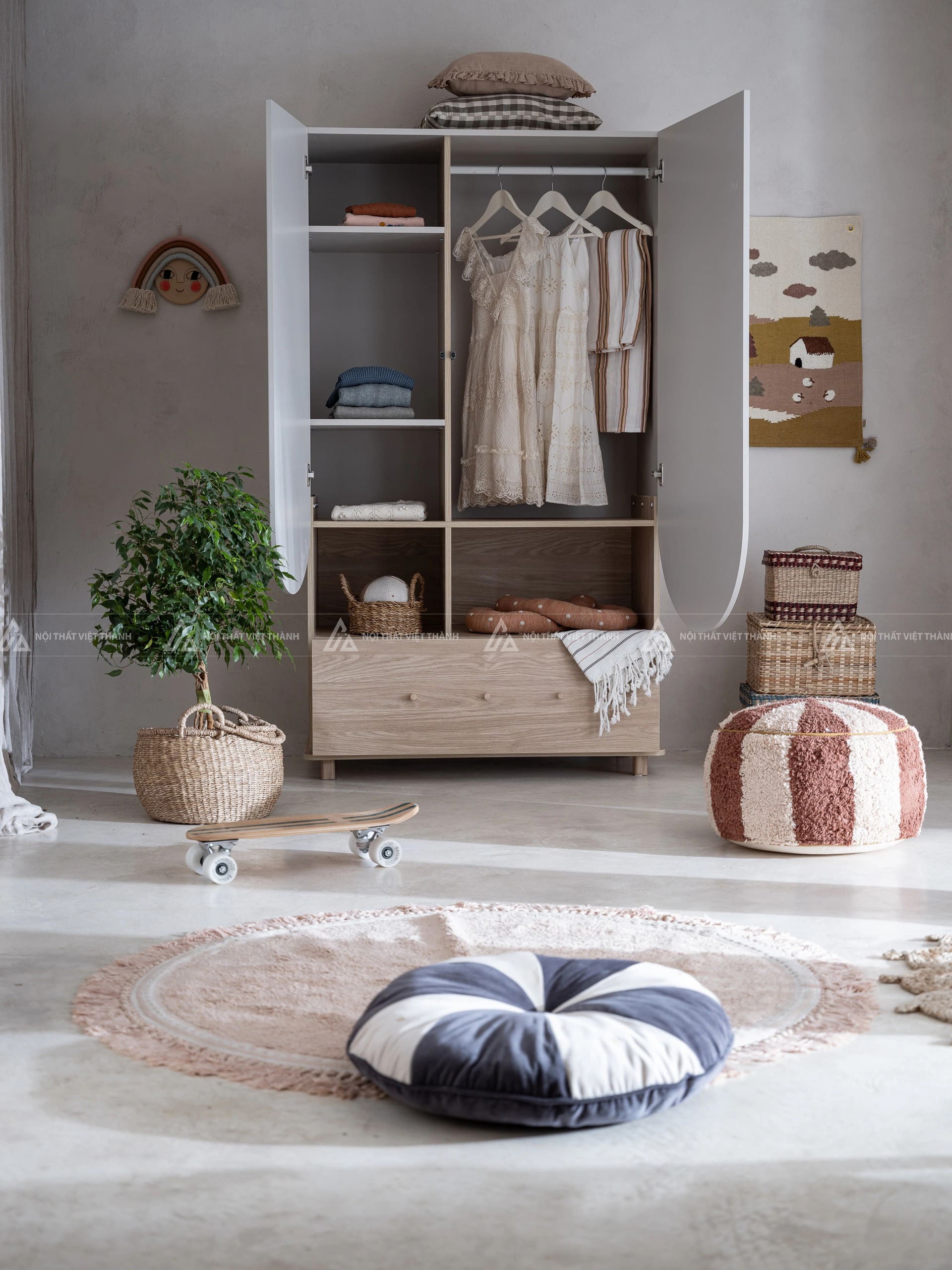 Tủ Quần Áo Trẻ Em Thiết Kế Cửa Bo Tròn Độc Đáo Với Ngăn Treo Rộng Và Ngăn Kéo Toàn Phần 5