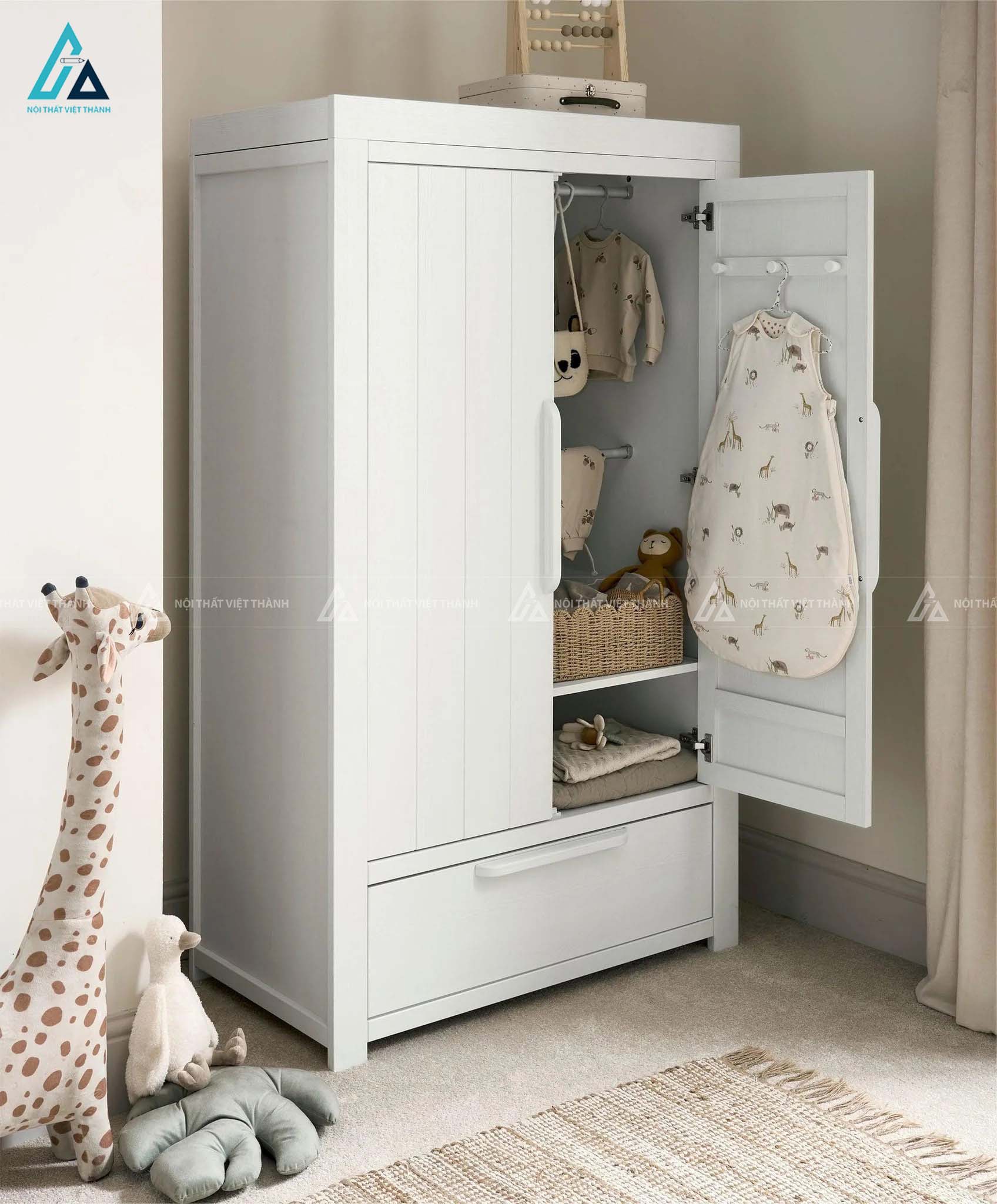 Tủ Quần Áo Trẻ Em  Hiện Đại Thiết Kế Cánh Đôi Kết Hợp Kệ Hở Và Ngăn Kéo