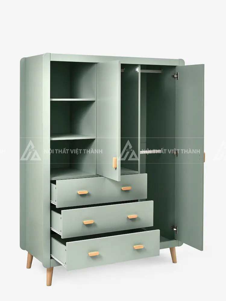 Tủ Quần Áo Trẻ Em Màu Xanh Hiện Đại Thiết Kế Bo Góc An Toàn Tích Hợp Ngăn Kéo Và Kệ Hở 6
