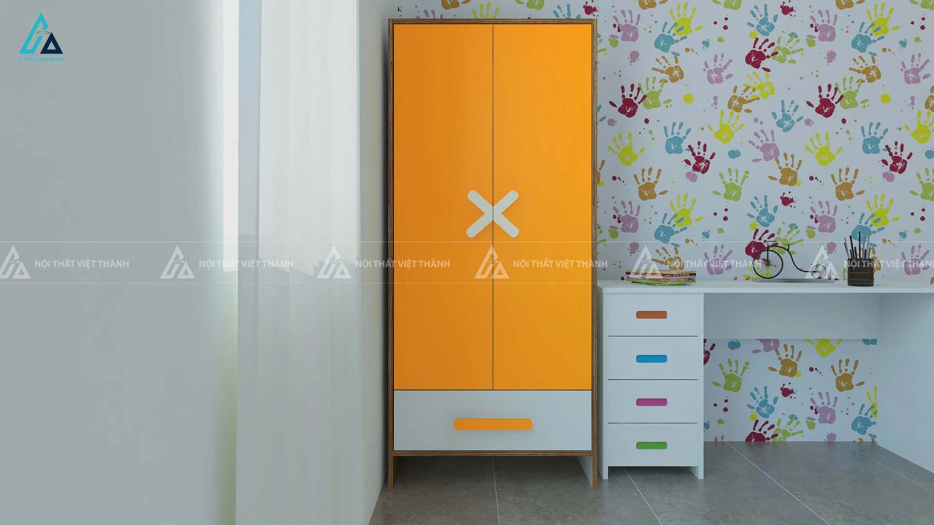 Tủ Quần Áo Trẻ Em Màu Cam Năng Động Thiết Kế 2 Cánh Và Ngăn Kéo Tay Nắm Chữ X Độc Đáo