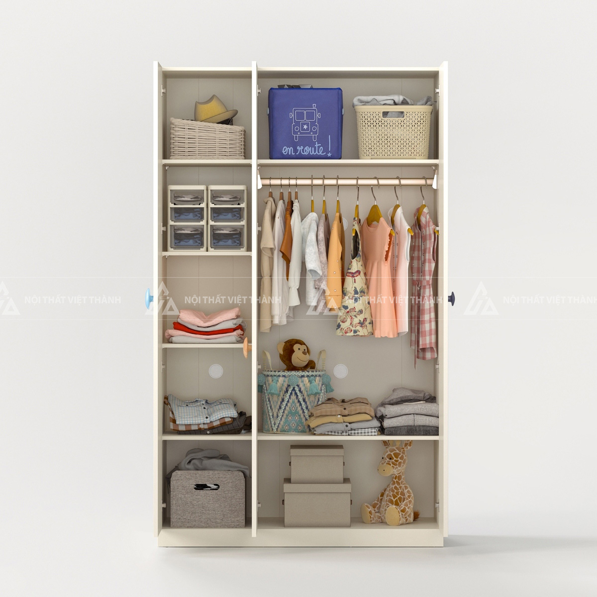 Tủ Quần Áo Trẻ Em 3 Cánh Hiện Đại Màu Kem Phối Núm Tay Cầm Tròn Đa Sắc Độc Đáo 6