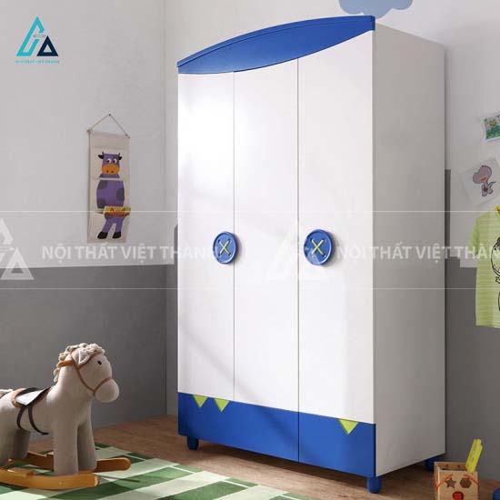 Tủ Quần Áo Trẻ Em 3 Cánh Hiện Đại Phối Màu Xanh Trắng Với Khoang Treo Rộng Và Ngăn Kéo Họa Tiết Sáng Tạo 1
