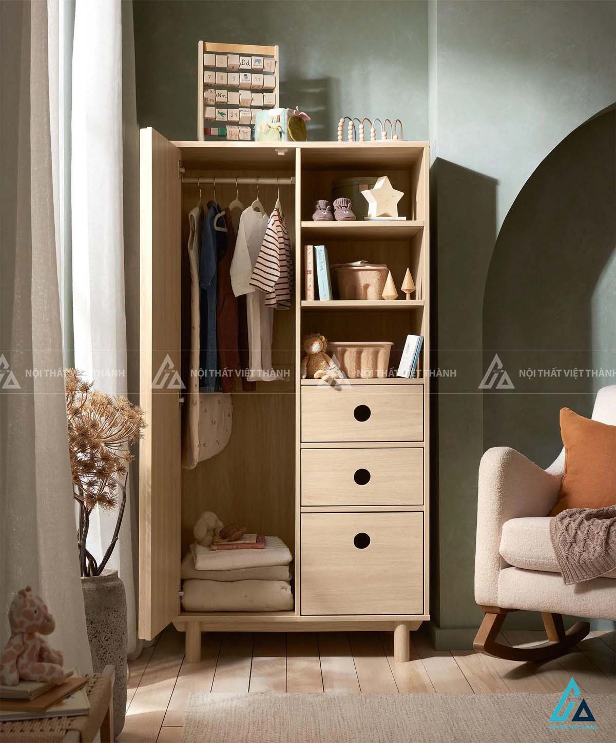 Tủ Quần Áo Trẻ Em Thiết Kế Cánh Nan Sọc Kết Hợp Kệ Trang Trí Và Ngăn Kéo Tay Nắm Tròn 1