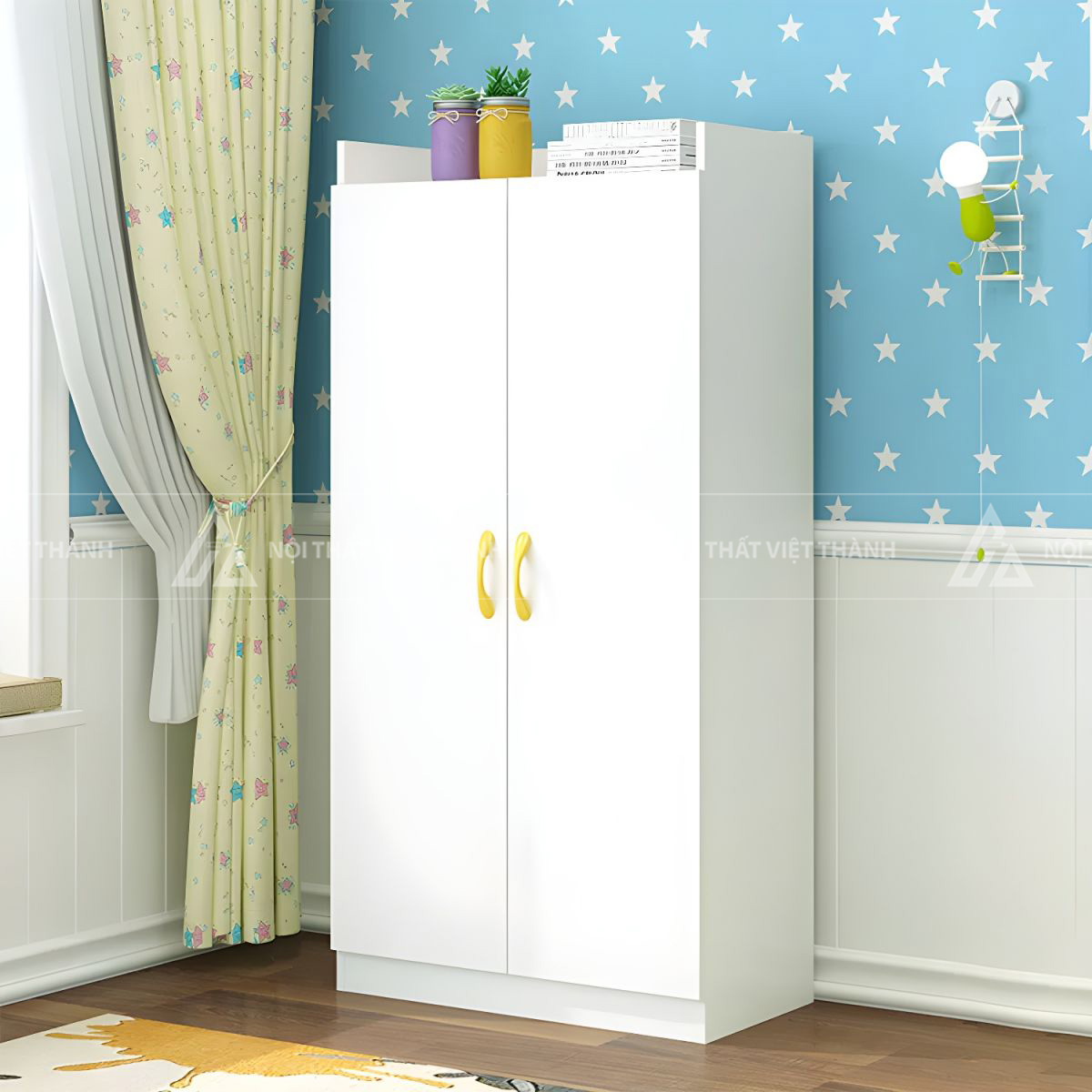 Tủ Quần Áo Trẻ Em Hiện Đại Hai Cánh Mở Tích Hợp Kệ Để Đồ Phía Trên 4