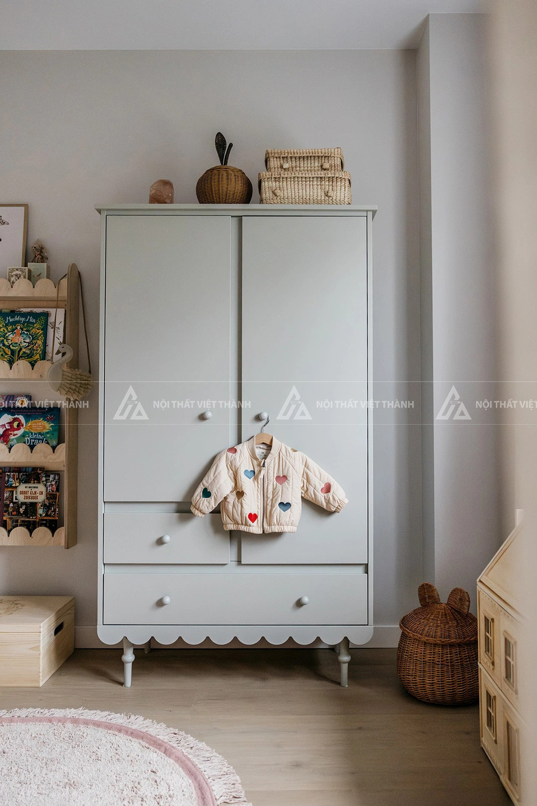 Tủ Quần Áo Trẻ Em Phong Cách Vintage Thiết Kế Chân Tiện Và Viền Sóng Kết Hợp Ngăn Kéo Tiện Lợi 6