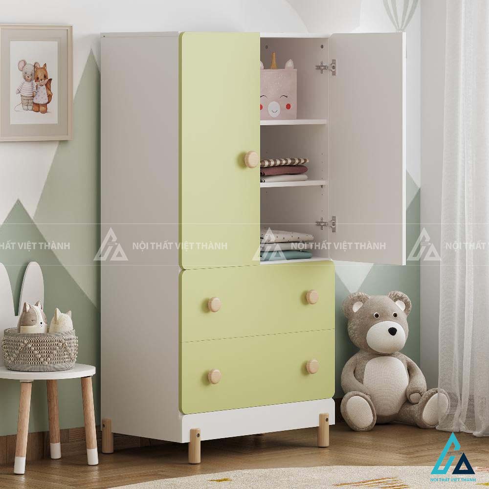 Tủ Quần Áo Trẻ Em Màu Xanh Cốm Hiện Đại Tích Hợp Kệ Hở Đa Năng Và Ngăn Kéo Rộng Rãi
