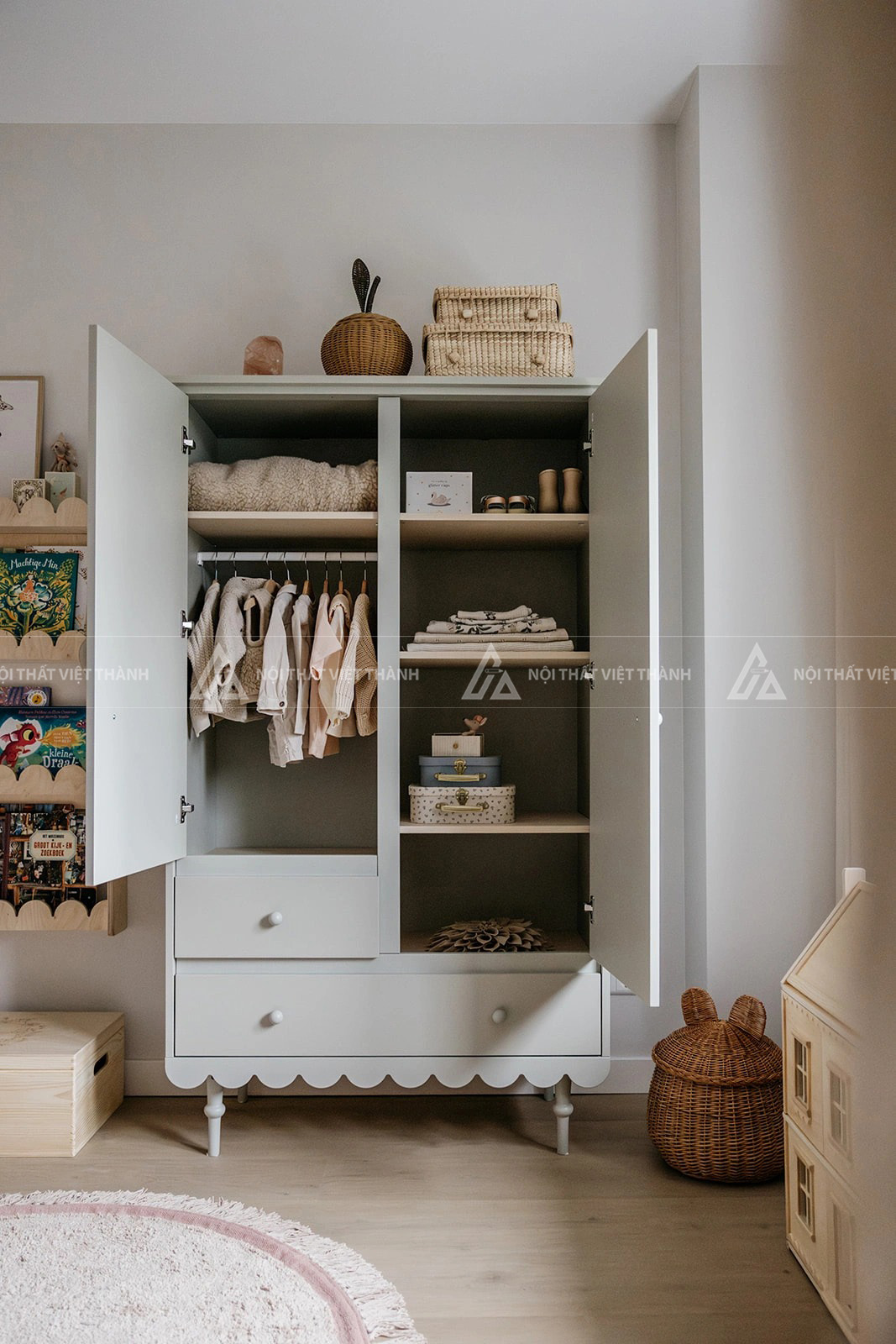 Tủ Quần Áo Trẻ Em Phong Cách Vintage Thiết Kế Chân Tiện Và Viền Sóng Kết Hợp Ngăn Kéo Tiện Lợi 7