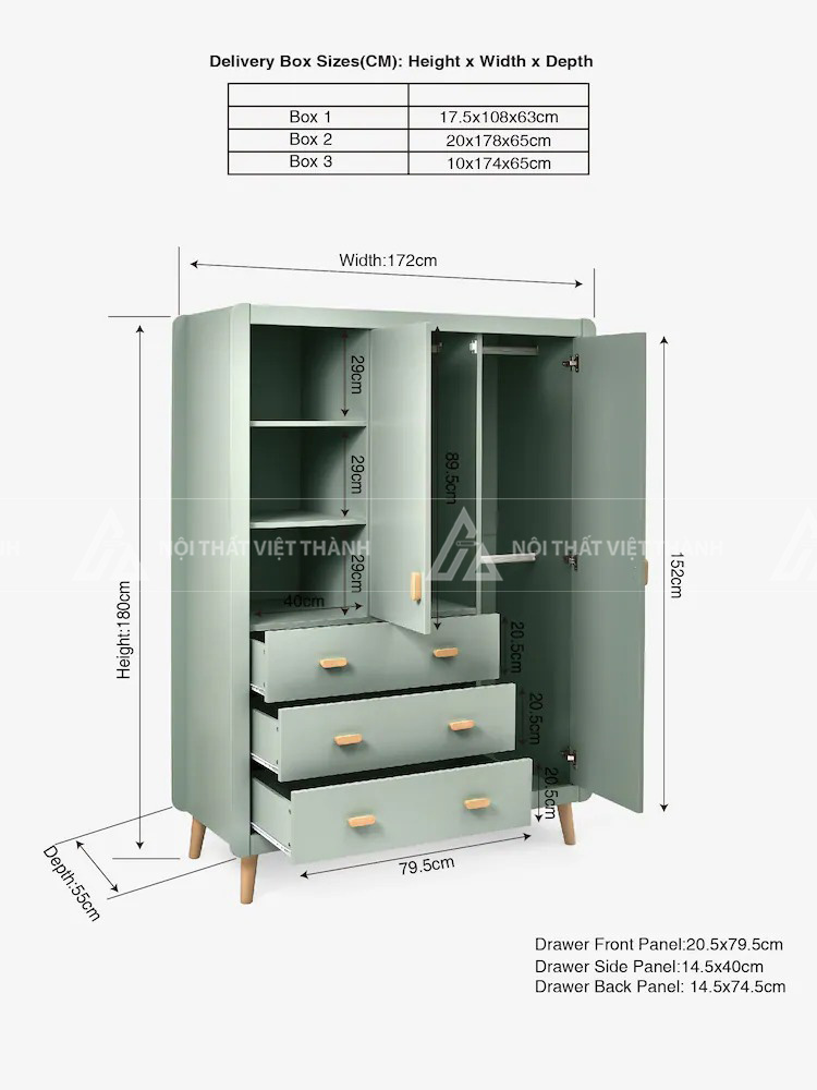 Tủ Quần Áo Trẻ Em Màu Xanh Hiện Đại Thiết Kế Bo Góc An Toàn Tích Hợp Ngăn Kéo Và Kệ Hở 7