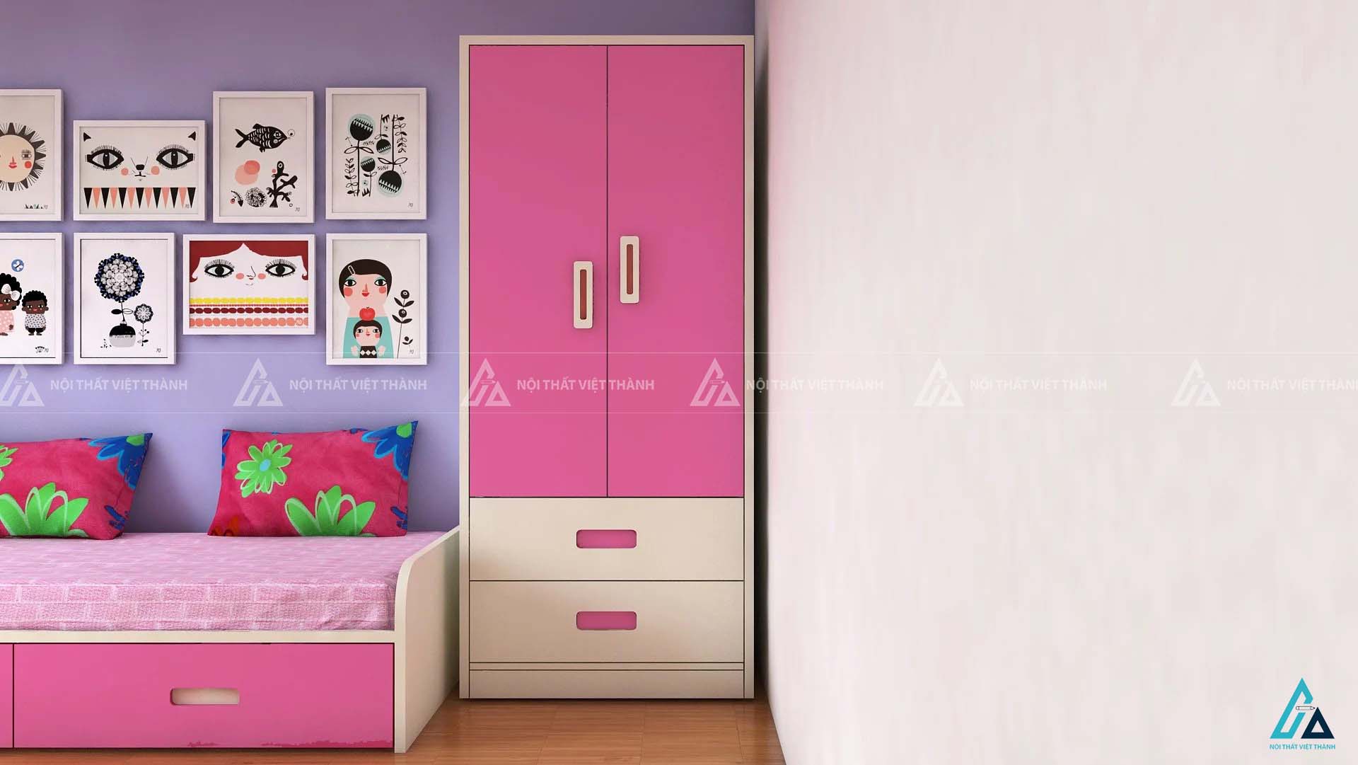 Tủ Quần Áo Trẻ Em Thiết Kế 2 Cánh Và 2 Ngăn Kéo Tay Nắm Cách Điệu 1