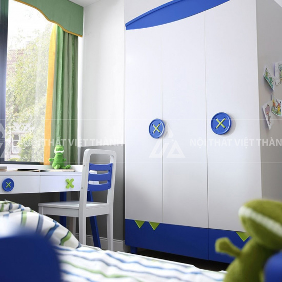 Tủ Quần Áo Trẻ Em 3 Cánh Hiện Đại Phối Màu Xanh Trắng Với Khoang Treo Rộng Và Ngăn Kéo Họa Tiết Sáng Tạo 7