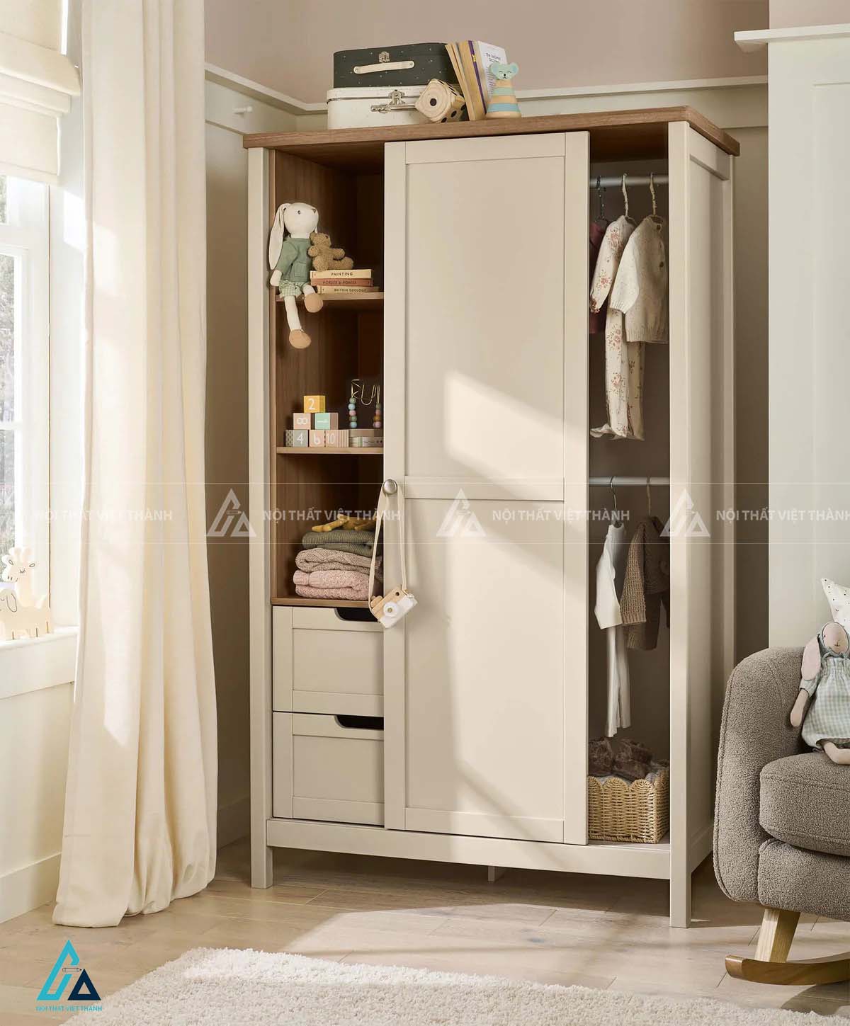Tủ Quần Áo Trẻ Em Phong Cách Bắc Âu Kết Hợp Kệ Trang Trí Và Ngăn Kéo Tiện Dụng