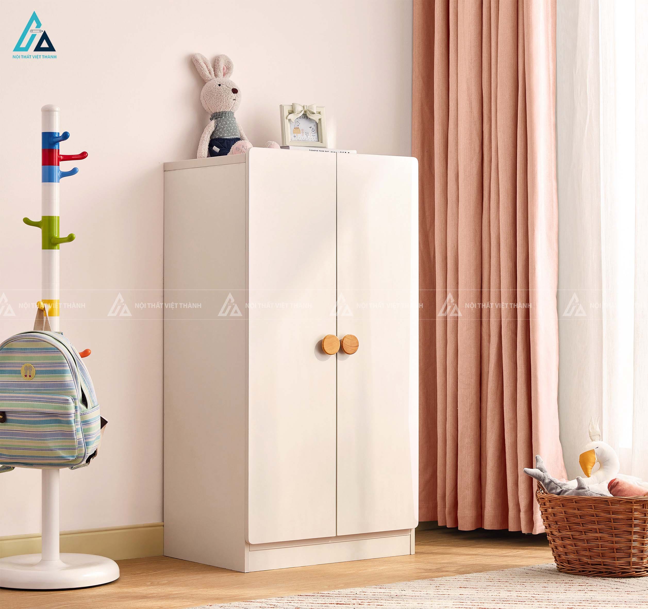 Tủ Quần Áo Trẻ Em Hai Cánh Tối Giản Thiết Kế Bo Góc Và Tay Nắm Gỗ Tròn Sang Trọng