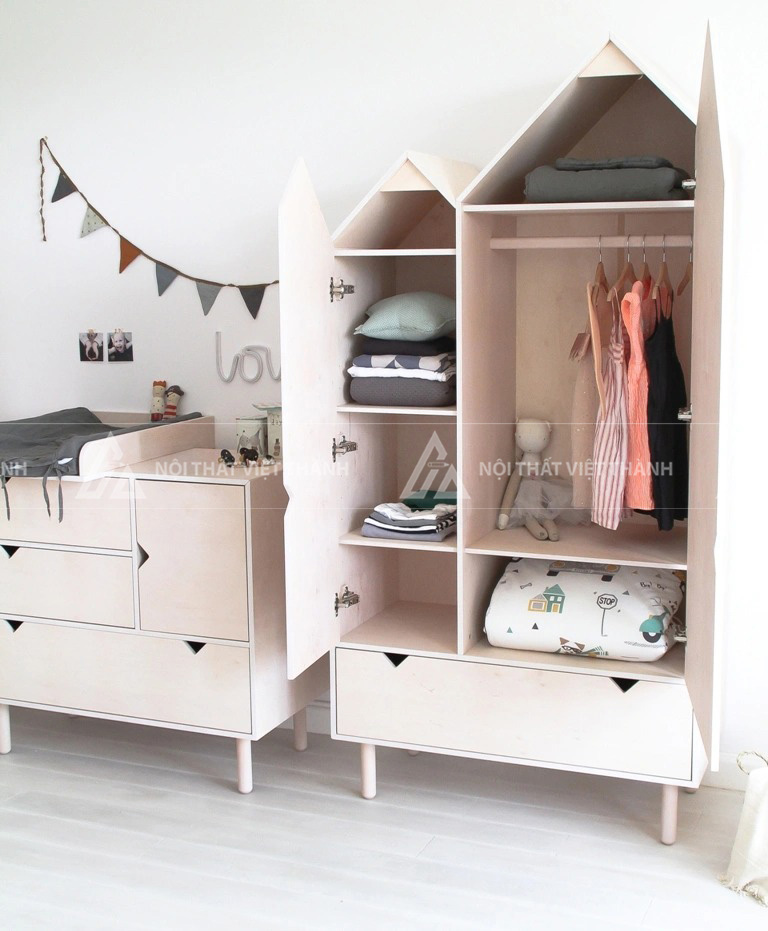 Tủ Quần Áo Trẻ Em Hình Ngôi Nhà Thiết Kế Mái Đôi Sáng Tạo Với Hệ Ngăn Kéo Và Kệ Chia Tầng Tiện Lợi 6