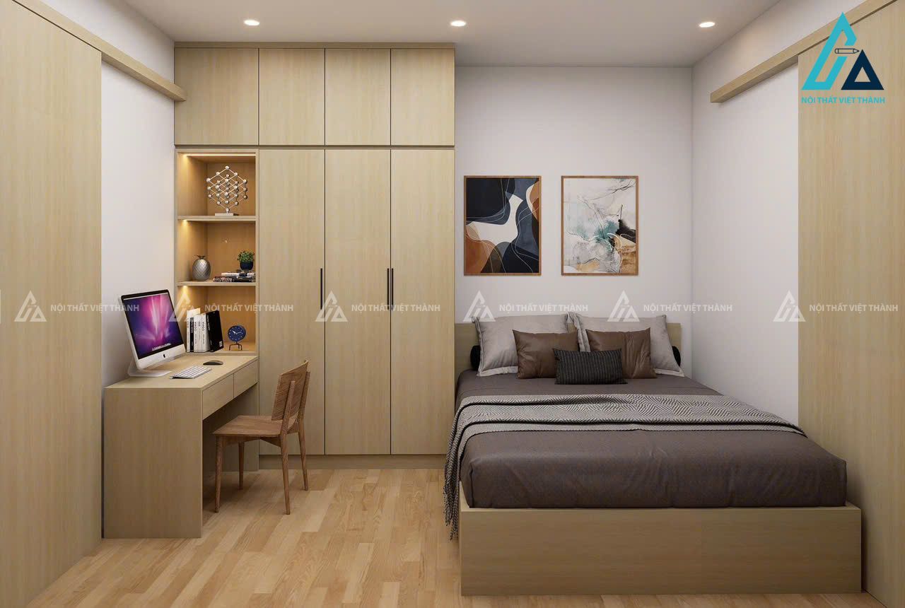 Phòng ngủ vợ chồng mới cưới tone vàng ấm cúng