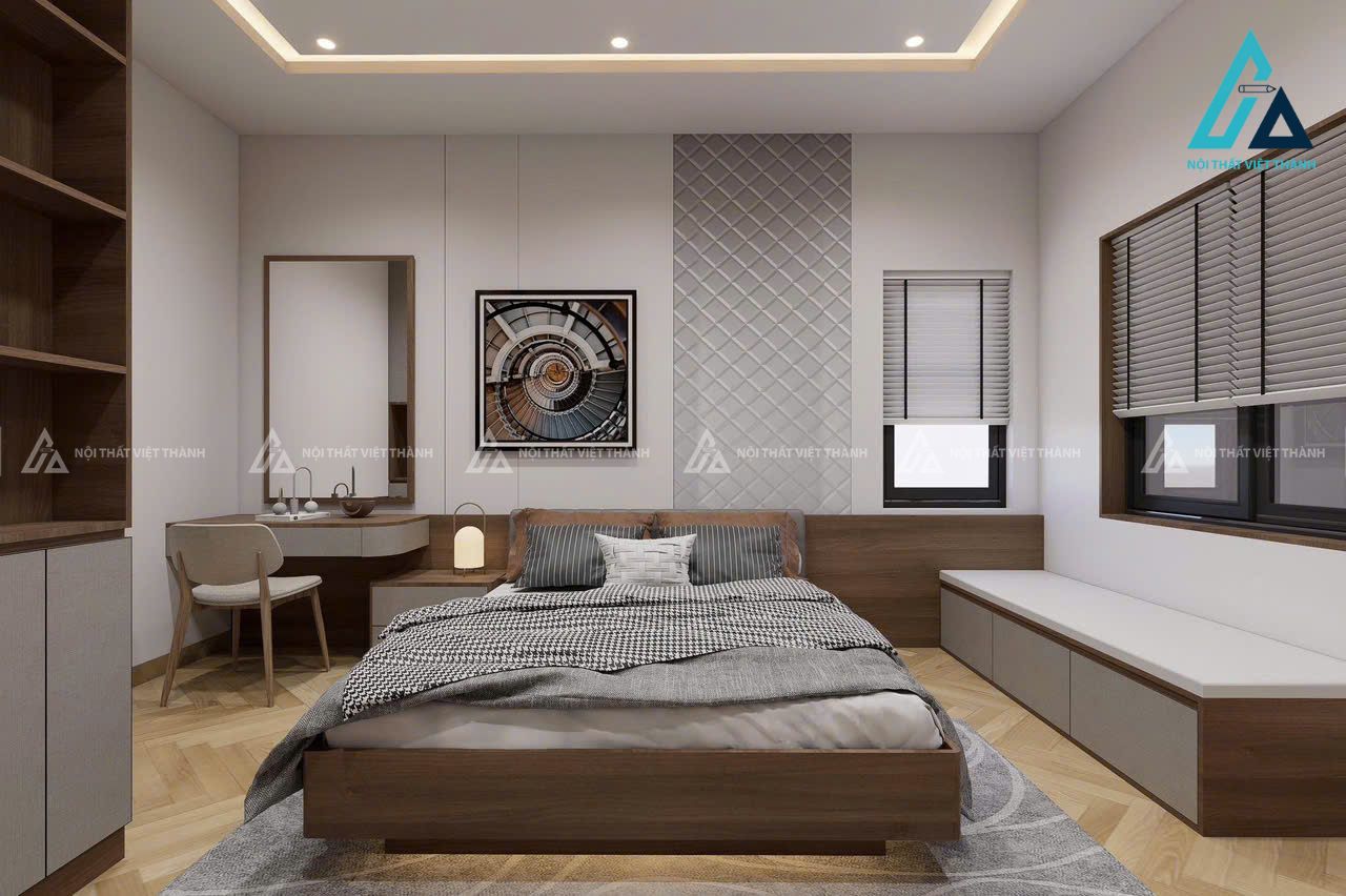 Phòng ngủ vợ chồng mới cưới tone trầm đầy đủ tiện nghi