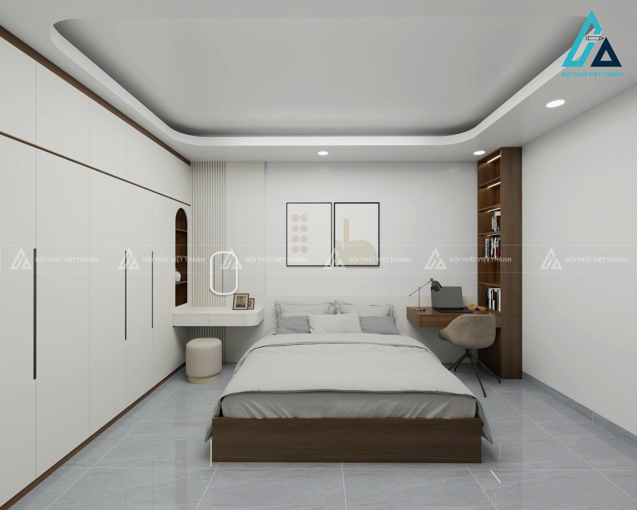 Phòng ngủ  trắng- nâu tối giản để dành trọn không gian cho cảm xúc.